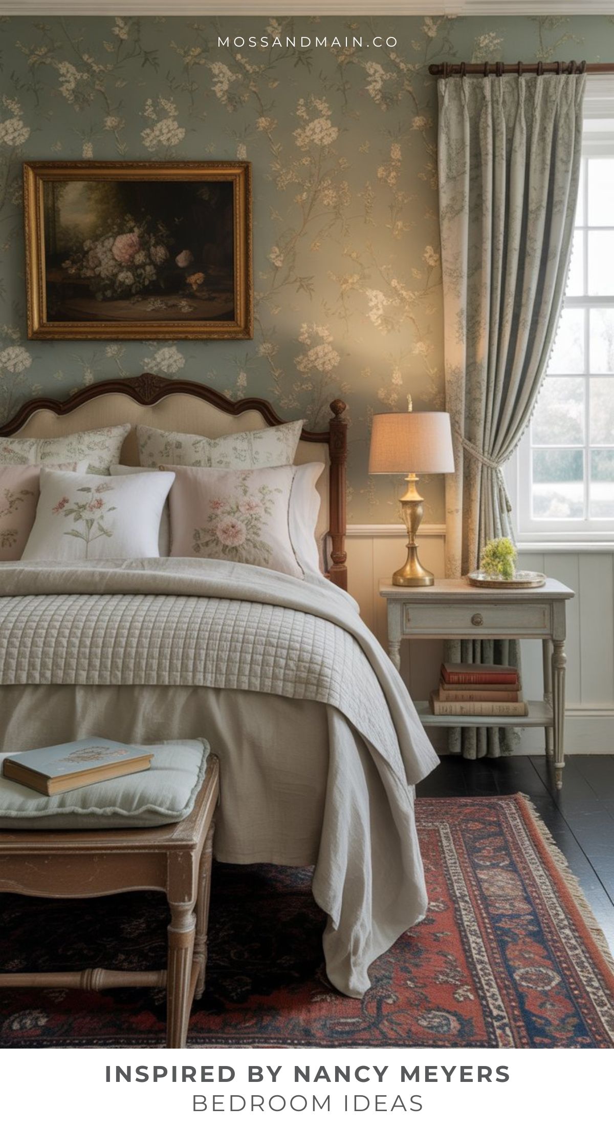 A cozy, elegant bedroom inspired by Nancy Meyers bedroom ideas, with floral wallpaper, a tufted bed adorned with layered bedding and floral pillows, a vintage nightstand with books and lamp, a Persian rug, and draped curtains letting in natural light.