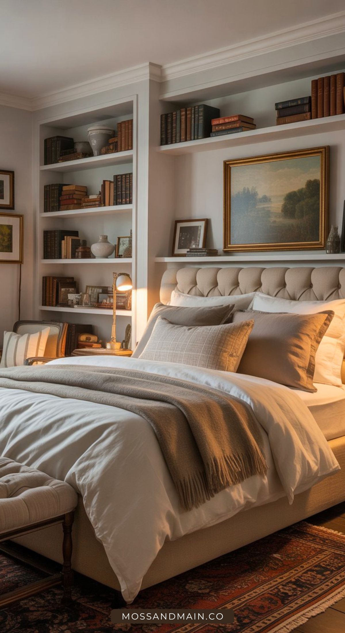 A cozy, classic bedroom inspired by Nancy Meyers bedroom ideas features a tufted bed, layered bedding and pillows, soft lighting, a bench at the foot of the bed, built-in bookshelves, and framed art for an inviting atmosphere.