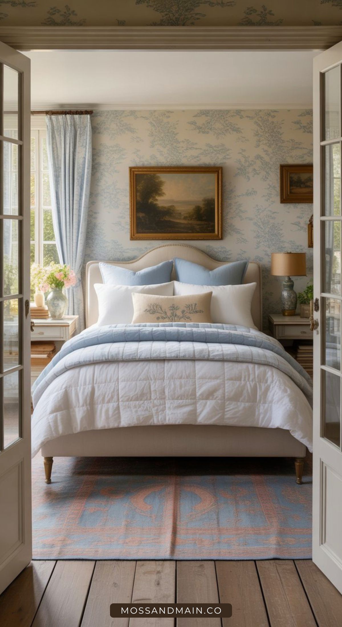 A cozy nancy meyers bedroom with a neatly made bed in white and light blue bedding, flanked by bedside tables with lamps and flowers. A landscape painting hangs above the bed; natural light streams in through glass doors.