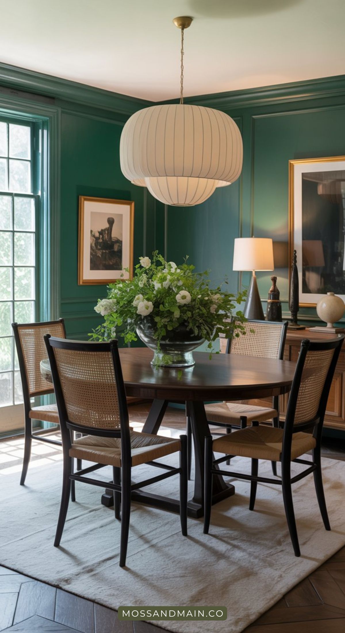 A stylish dining room with moody green walls, a round wooden table, four cane-backed chairs, a large white pendant light, a floral centerpiece, and framed art. Sunlight streams in through tall windows, evoking the elegance of designer catalog rooms.