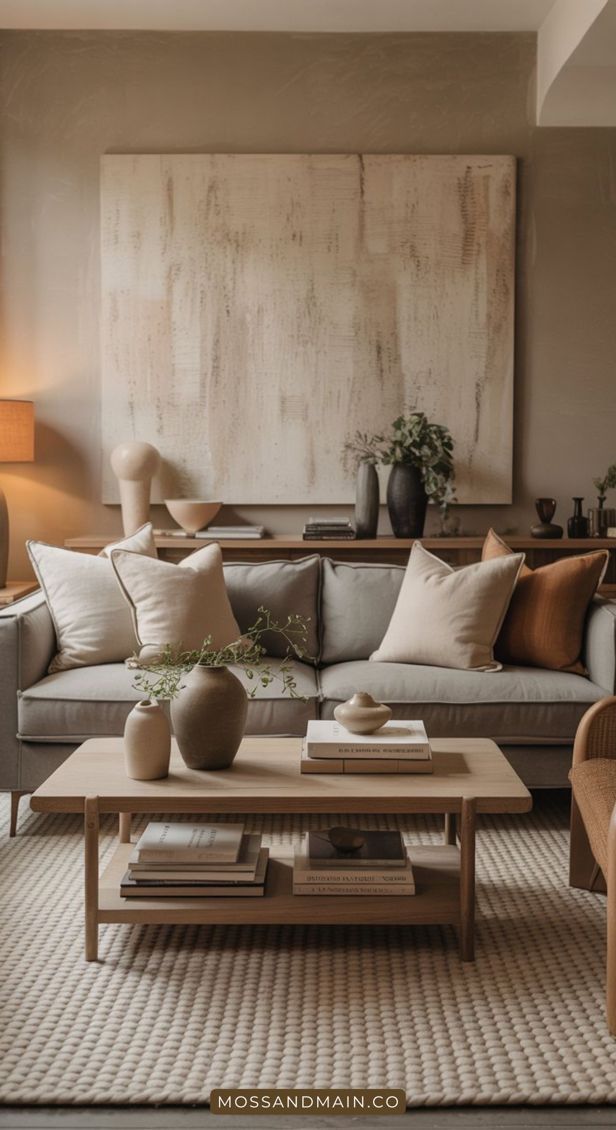 A modern living room featuring a gray couch, neutral cushions, a wooden coffee table with decor, and a large abstract painting. Warm lighting and minimalist accessories in earthy tones complete these stylish living room ideas.
