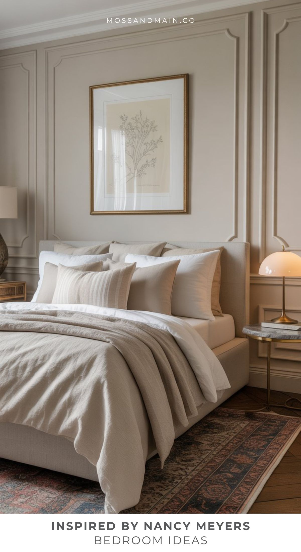 A cozy bedroom inspired by Nancy Meyers bedroom ideas, featuring neutral tones, layered bedding, soft pillows, a botanical print above the bed, a classic lamp on the bedside table, and an ornate rug over the wooden floor.