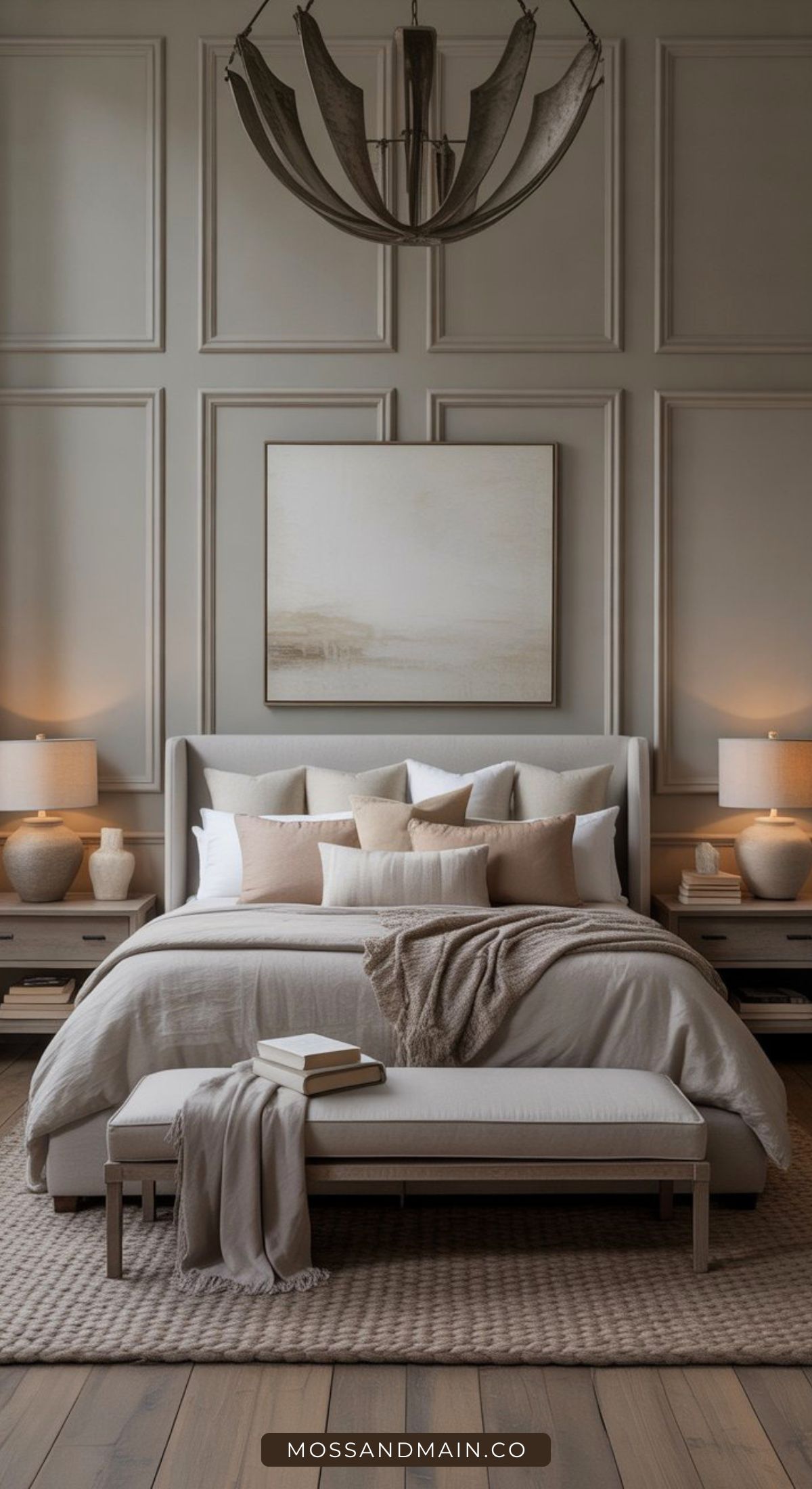 A modern, neutral-toned bedroom showcases classic bedroom décor with a cushioned bed layered in pillows, a throw blanket, matching nightstands with lamps, a bench with books, soft rug, elegant wall paneling, and large abstract art above the bed.