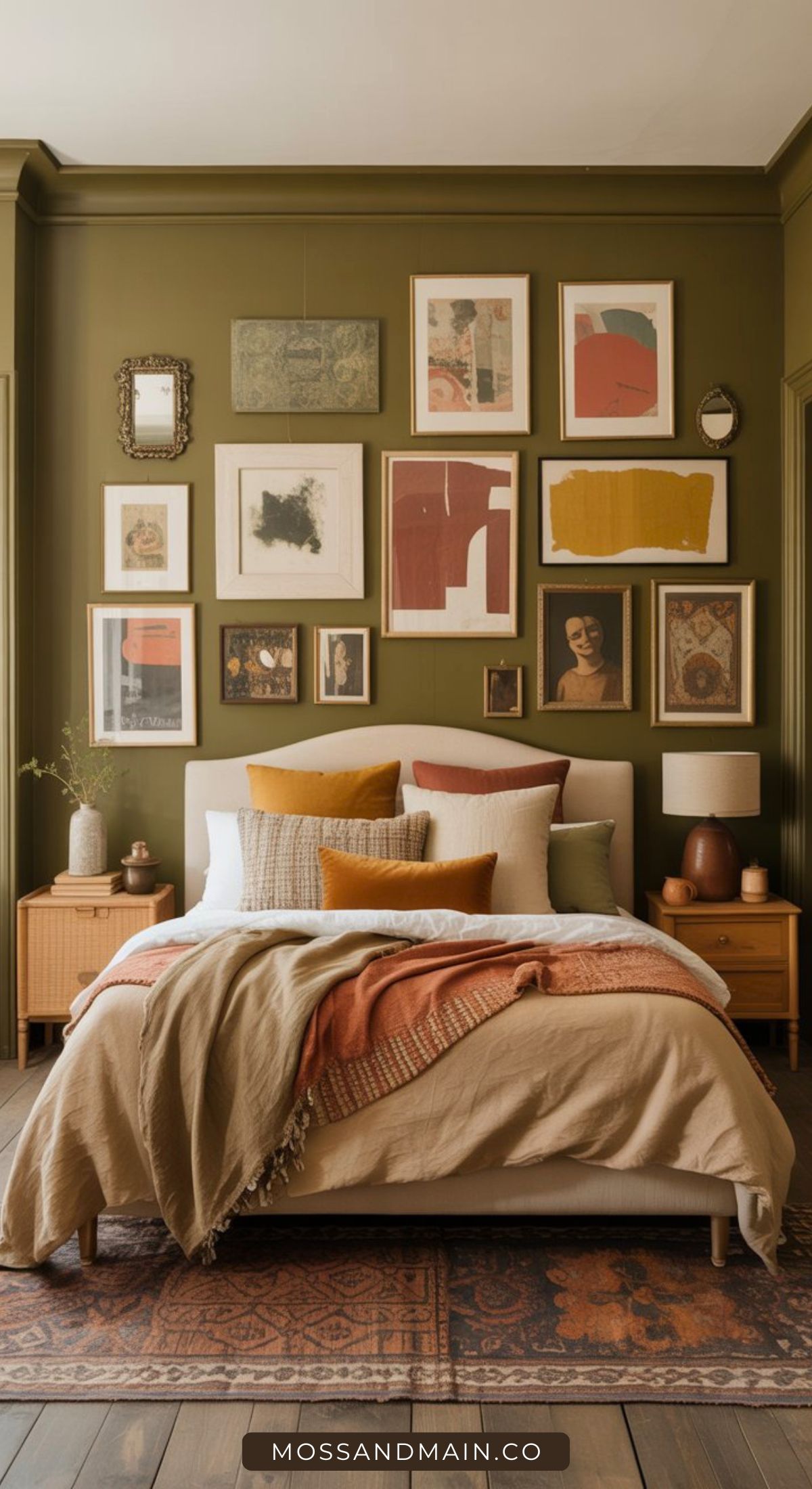 A cozy bedroom with olive green walls, a bed with neutral and rust-colored pillows and blankets, wooden nightstands, and a gallery wall of assorted framed artwork above the headboard.
