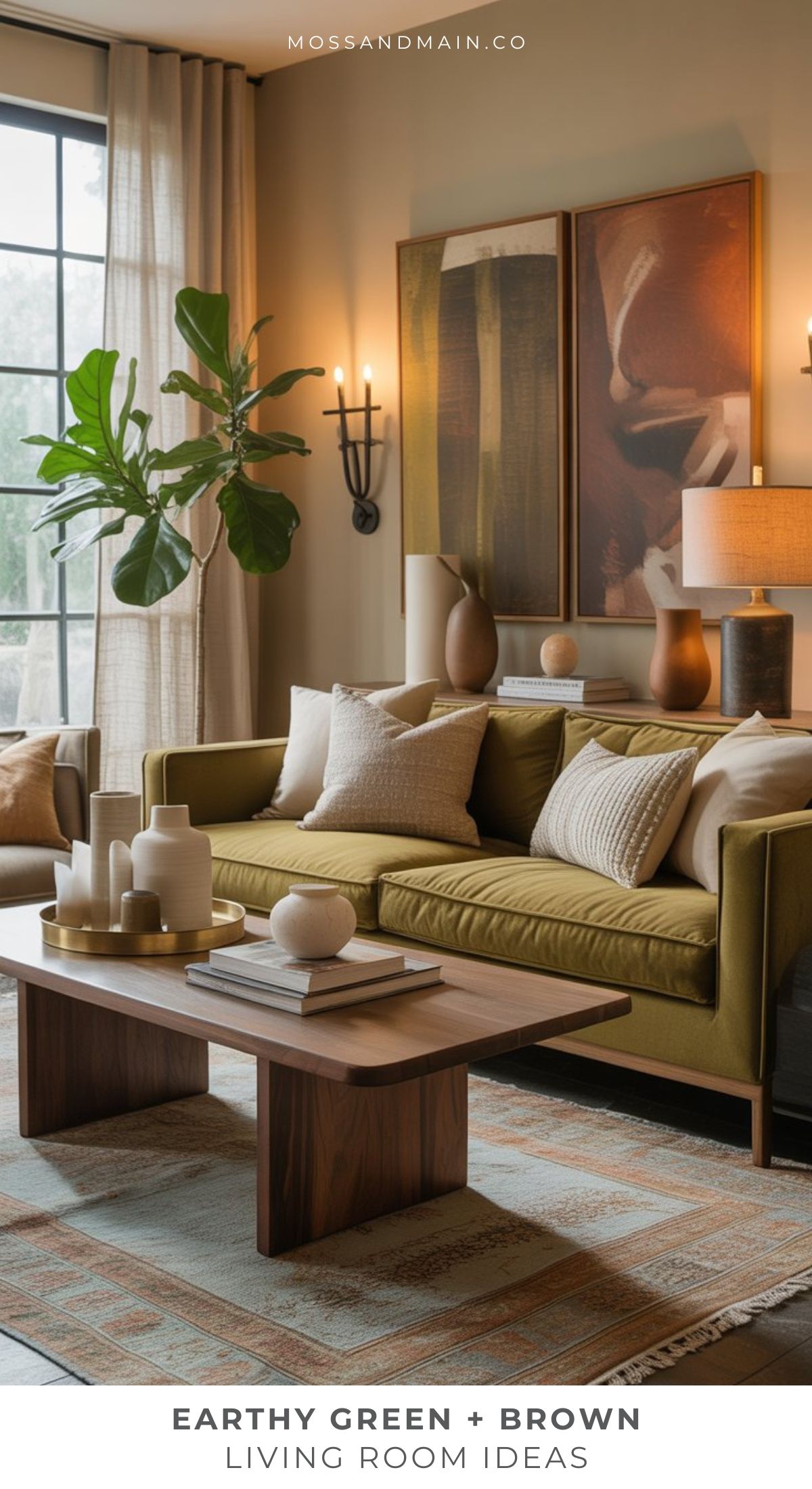 A stylish brown and green living room with an olive green sofa, earthy decor, a wooden coffee table, and leafy plants creates a cozy living room vibe. Warm, neutral tones complete these earthy living room ideas. Earthy Green + Brown Living Room Ideas.