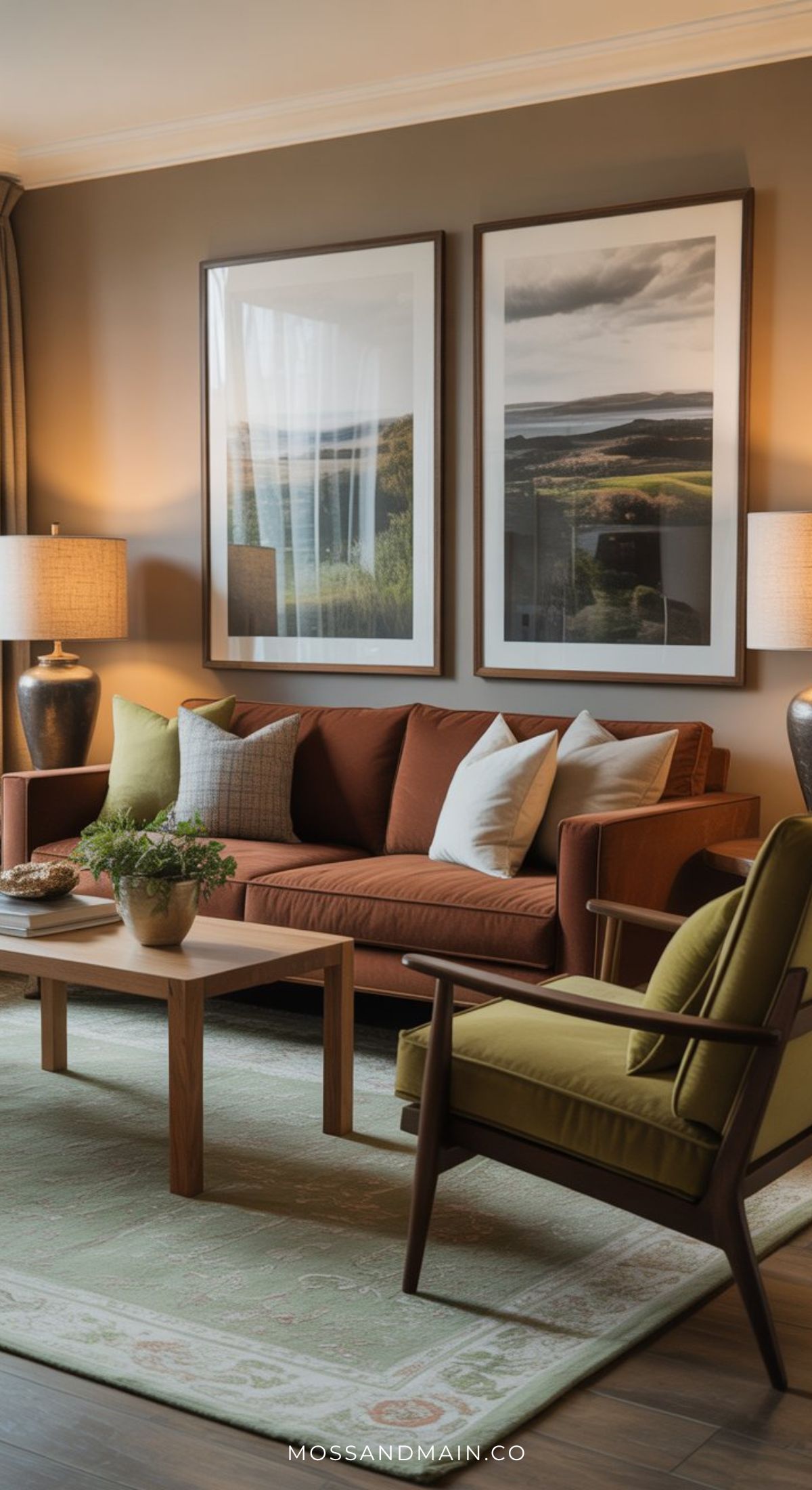 A cozy brown and green living room with a rust-colored sofa, green armchair, wooden coffee table, potted plant, and landscape prints. Soft lighting from matching table lamps completes these earthy living room ideas with a warm atmosphere.