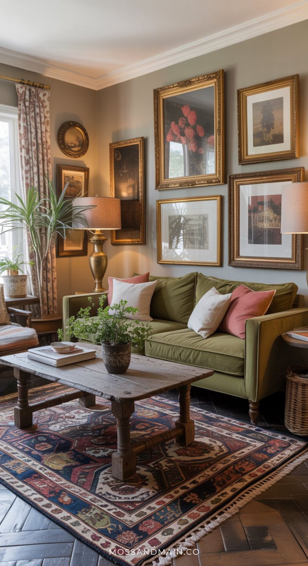 A designer cozy living room featuring a green sofa, pink and white pillows, a patterned rug, wooden coffee table with a potted plant, and a gallery wall of art. Warm lighting and large windows complete this inviting space.