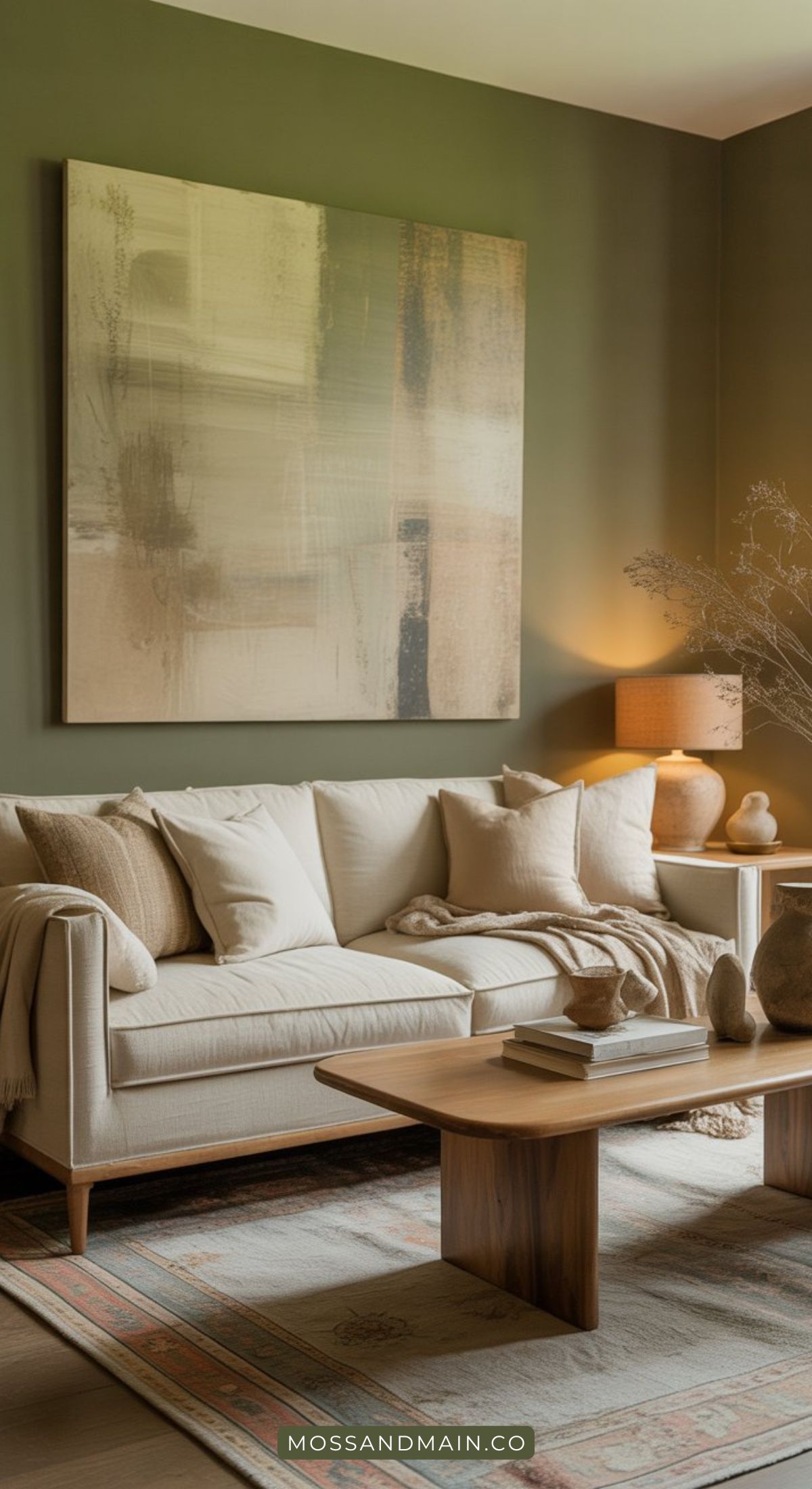A cozy living room with a beige sofa, neutral throw pillows, and a wooden coffee table embraces a green color scheme, highlighted by an olive green wall and large abstract painting. Soft lighting and a patterned rug add warmth and texture.