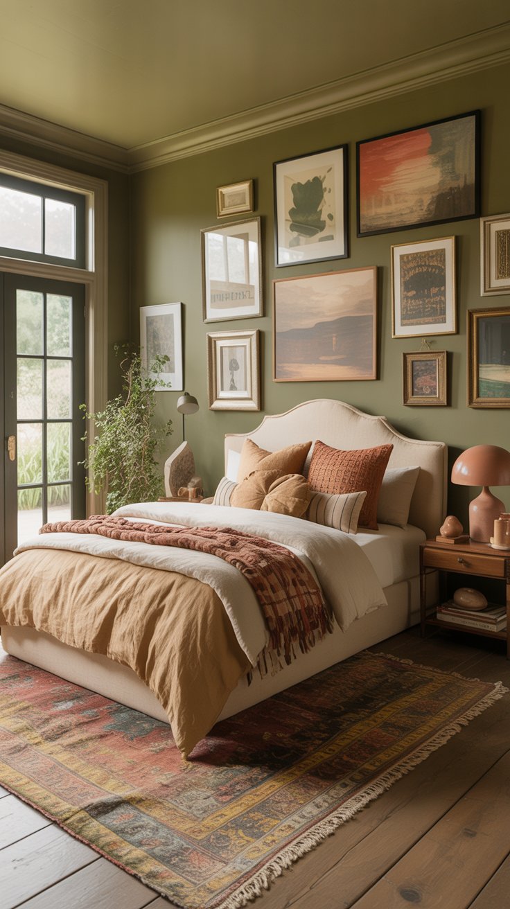 Cozy bedroom with green walls, a beige bed with brown and tan bedding, a colorful rug, and a gallery wall of framed art above the bed. Large windows and plants add natural light and greenery to the space.