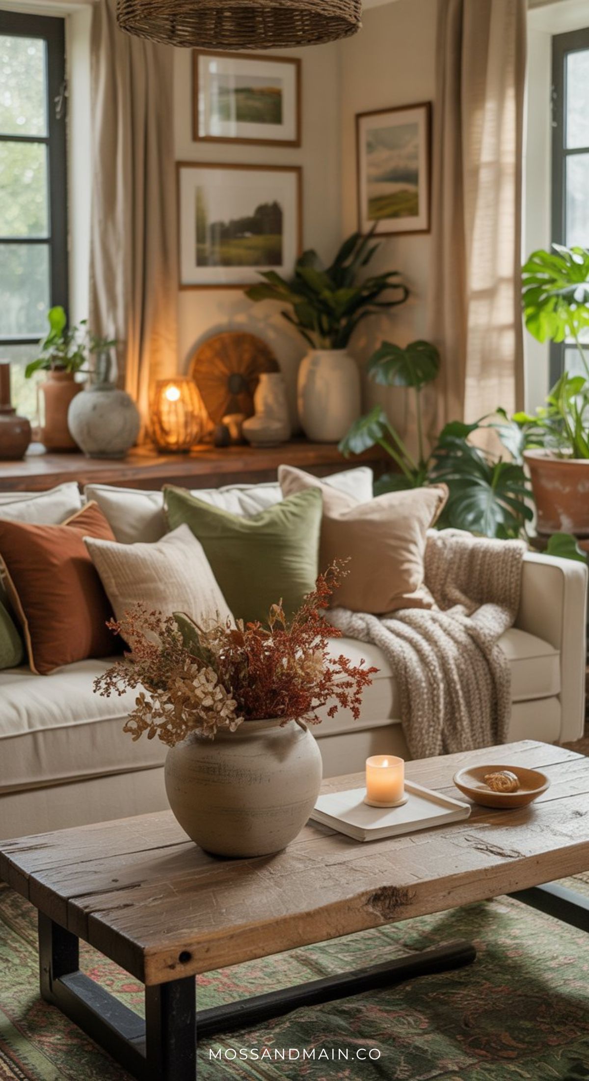 A cozy living room with a beige sofa, earth-toned cushions, a textured throw, indoor plants, and warm lighting. Embrace brown and green living room charm with a rustic wooden coffee table topped with dried flowers, a candle, and a small dish.