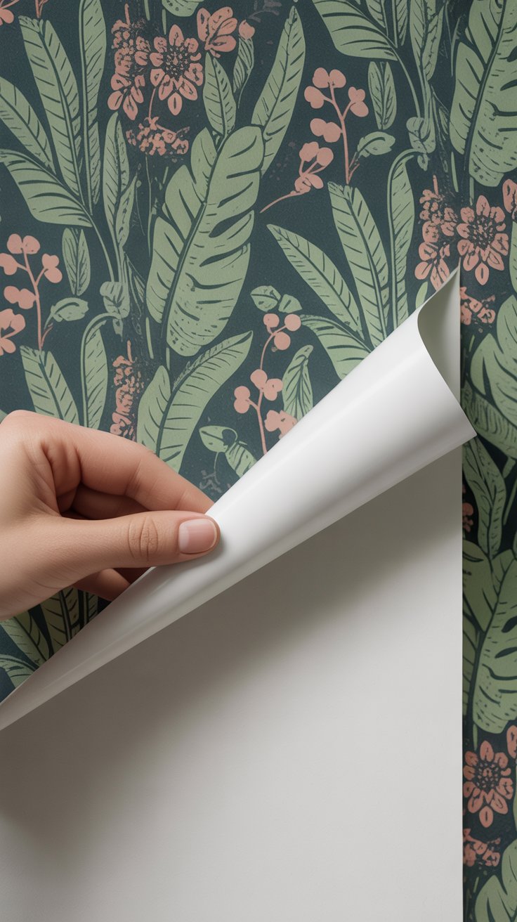 A hand peels back a sheet of wallpaper with a green and pink floral and leaf pattern, revealing a plain white wall underneath—highlighting the transformation possible with creative color schemes in interior design.