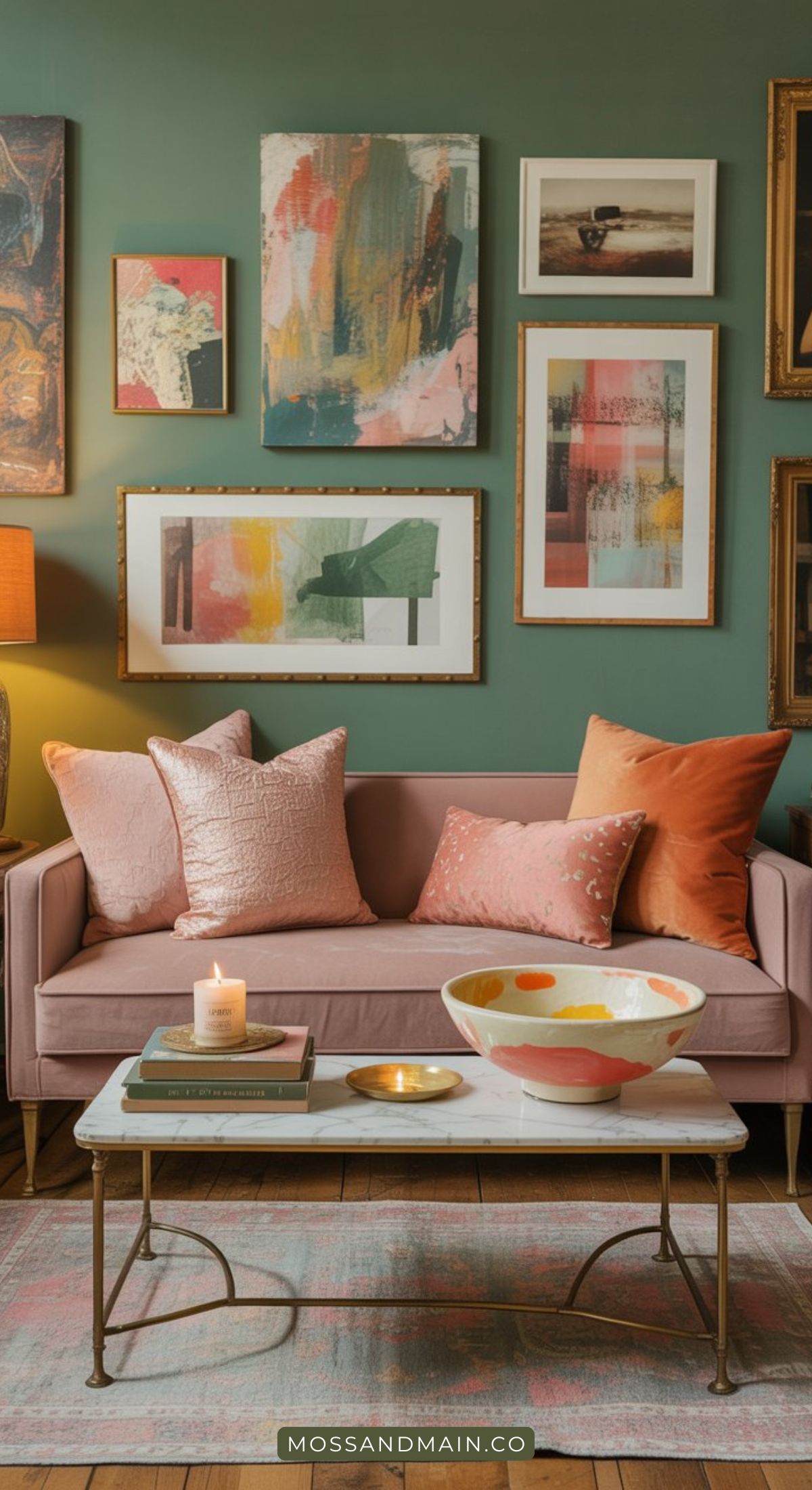 A cozy living room with a blush pink sofa and vibrant pillows embraces a green color scheme. A marble coffee table displays books, a candle, and a colorful bowl, while abstract art and framed photos decorate the green wall above the sofa.