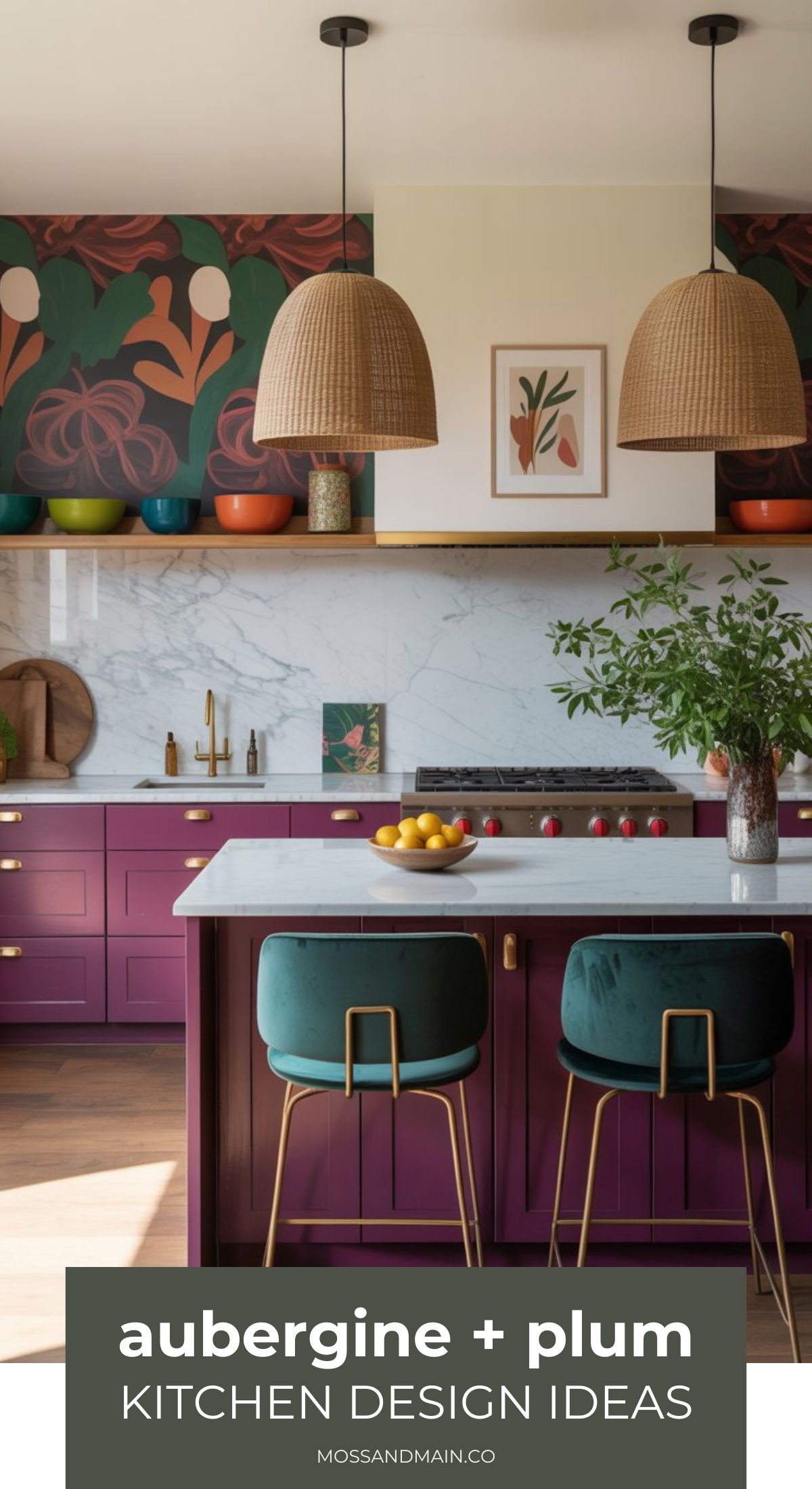 A modern kitchen featuring aubergine and plum cabinets, marble backsplash, green velvet barstools, rattan pendant lights, vibrant fruit, and bold botanical wall art. Text reads Aubergine Kitchen Ideas + plum kitchen design.