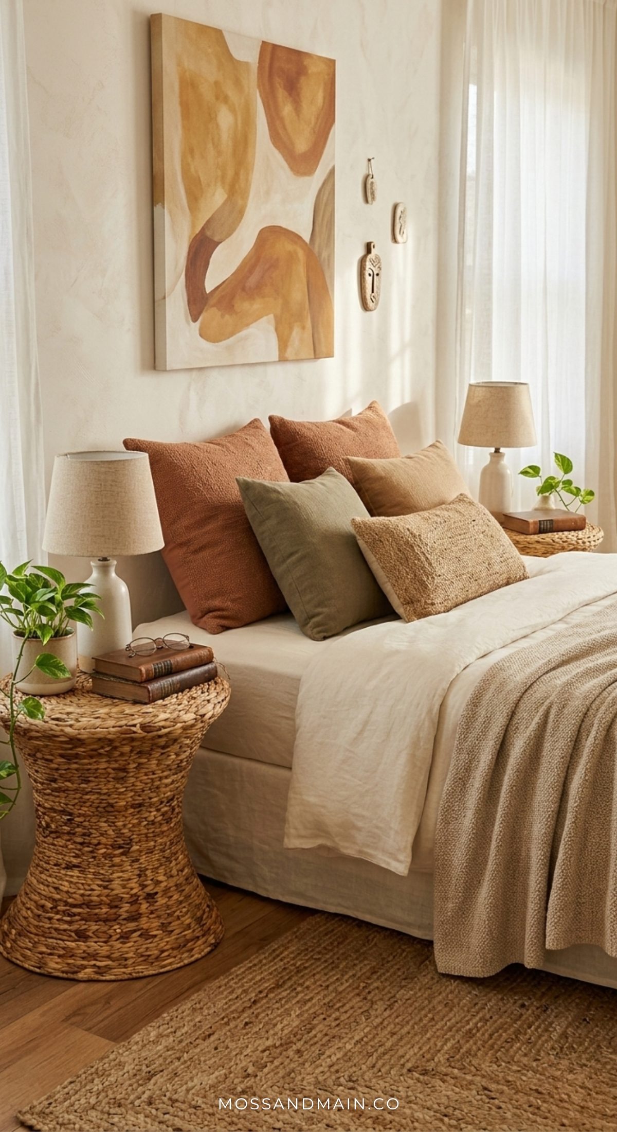 A cozy bedroom with a bed covered in neutral and earth-toned pillows and blankets, earthy bedside tables, potted plants, table lamps, and abstract wall art above the headboard; natural light fills the room.