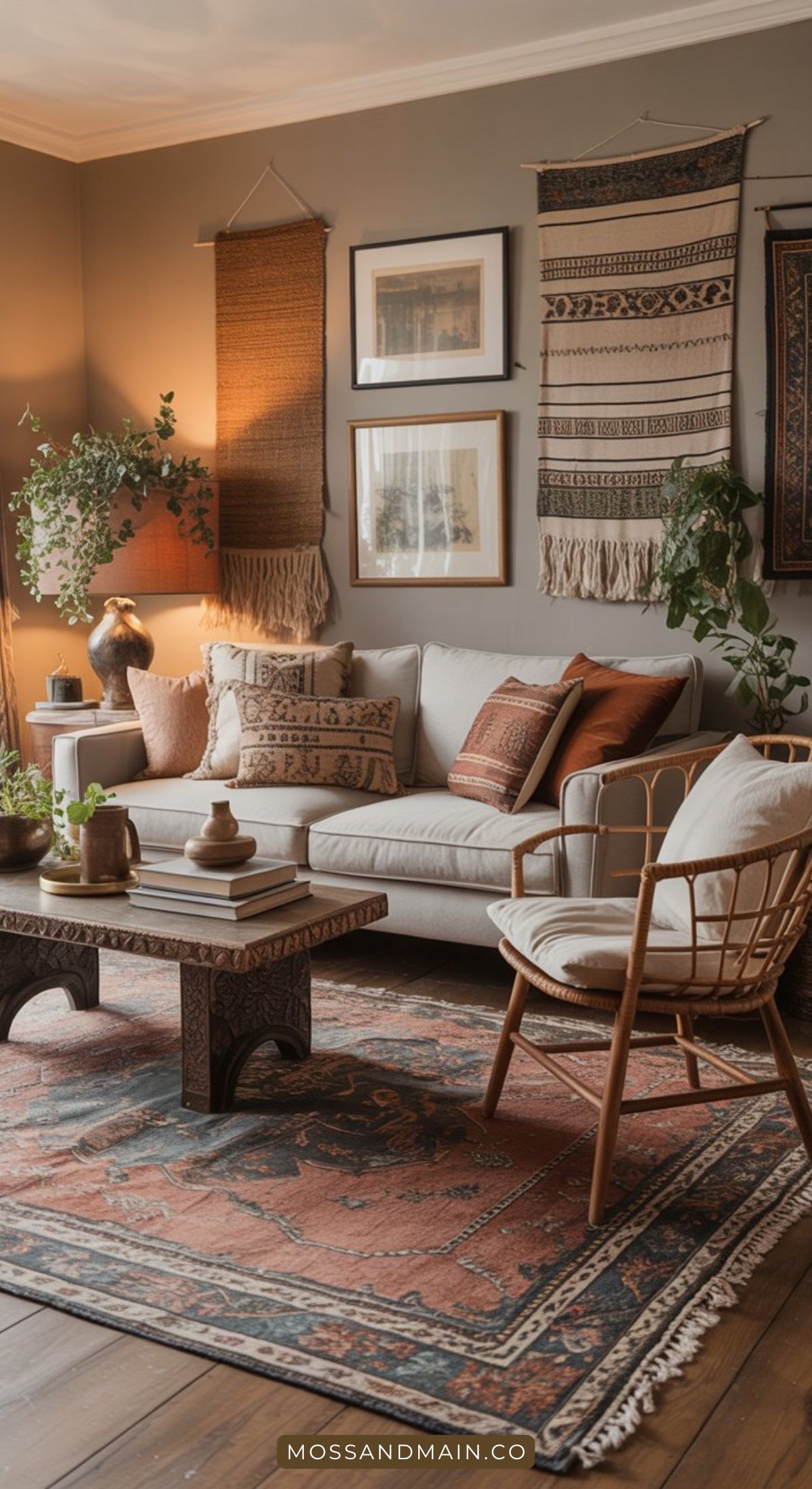 Cozy living room ideas with a light gray couch, patterned pillows, wicker chair, wooden coffee table, vintage rug, wall art, woven hangings, framed pictures, potted plants, and soft warm lighting.