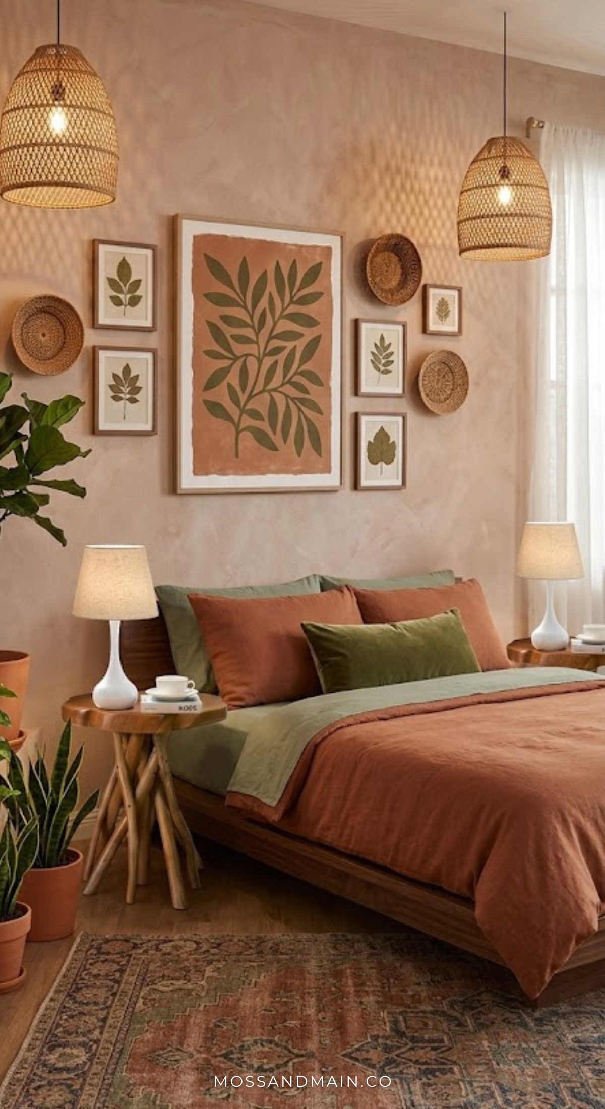 A cozy bedroom with earthy tones features a bed with rust and green bedding, earthy bedside tables, white lamps, wicker pendant lights, botanical wall art, woven baskets, potted plants, and a vintage rug.