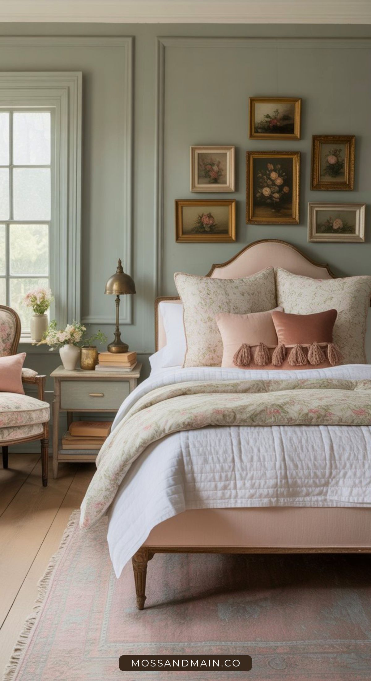 A cozy bedroom inspired by Nancy Meyers bedroom ideas features a pastel color palette, floral bedding, pink and beige throw pillows, a vintage nightstand, a chair, and a charming gallery wall above the headboard.