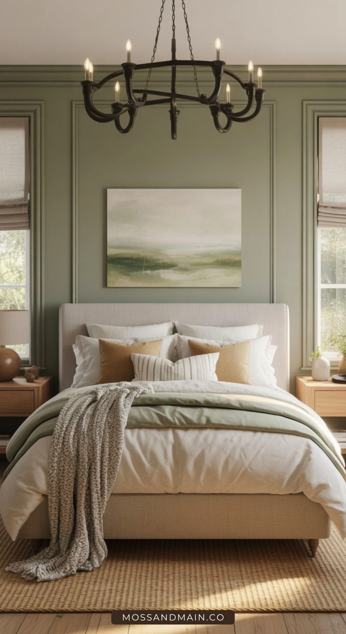 A cozy bedroom with a soft beige bed, layered pillows, and a knit throw exudes the Nancy Meyers aesthetic. Green walls, a landscape painting above the bed, roman shades, and a black chandelier complete this inviting retreat.
