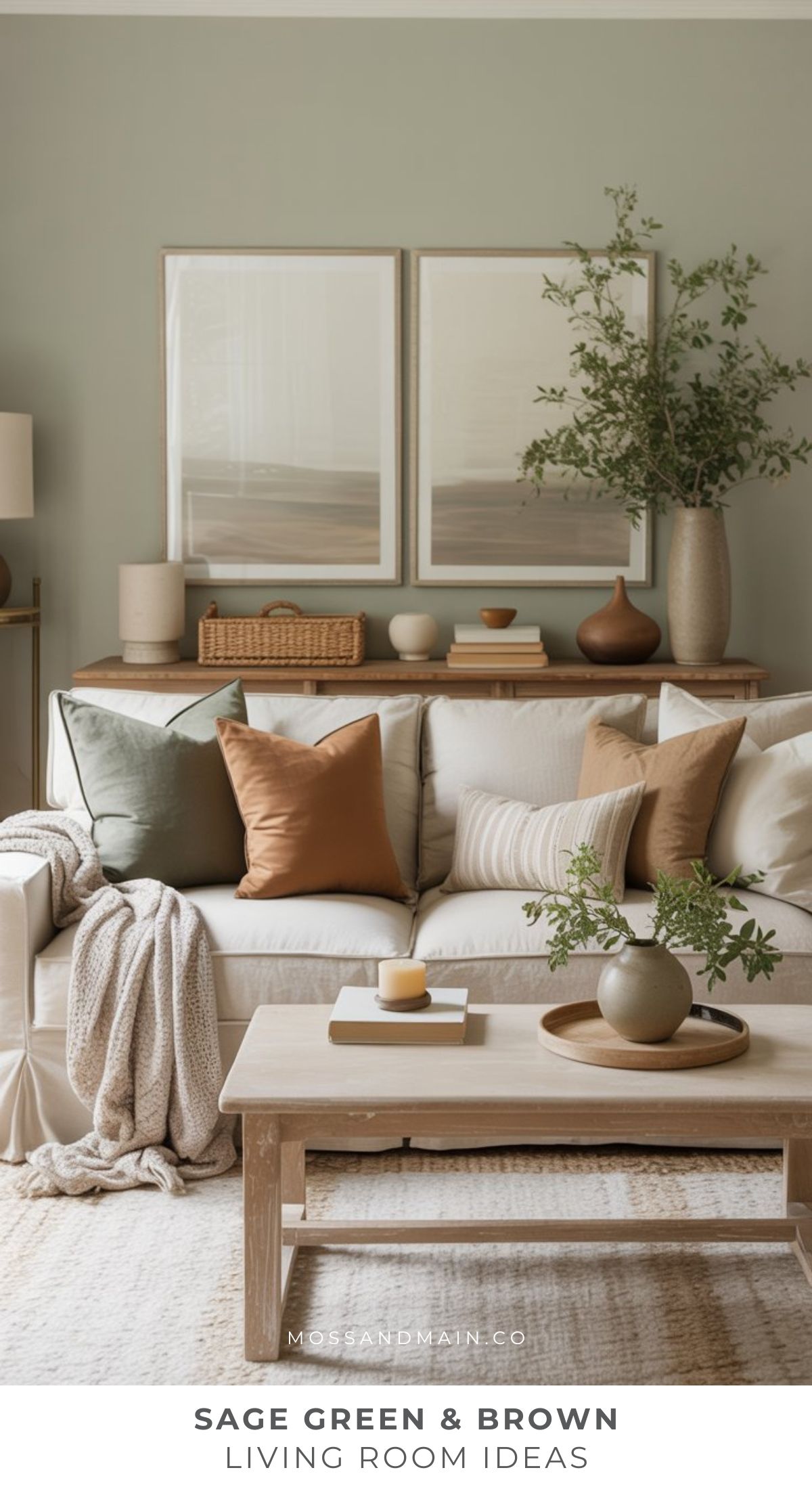 A cozy brown and green living room with a beige sofa, sage green and brown throw pillows, a wooden coffee table, plants, ceramics, and framed art on a sage green wall, creating a calm, earthy atmosphere.