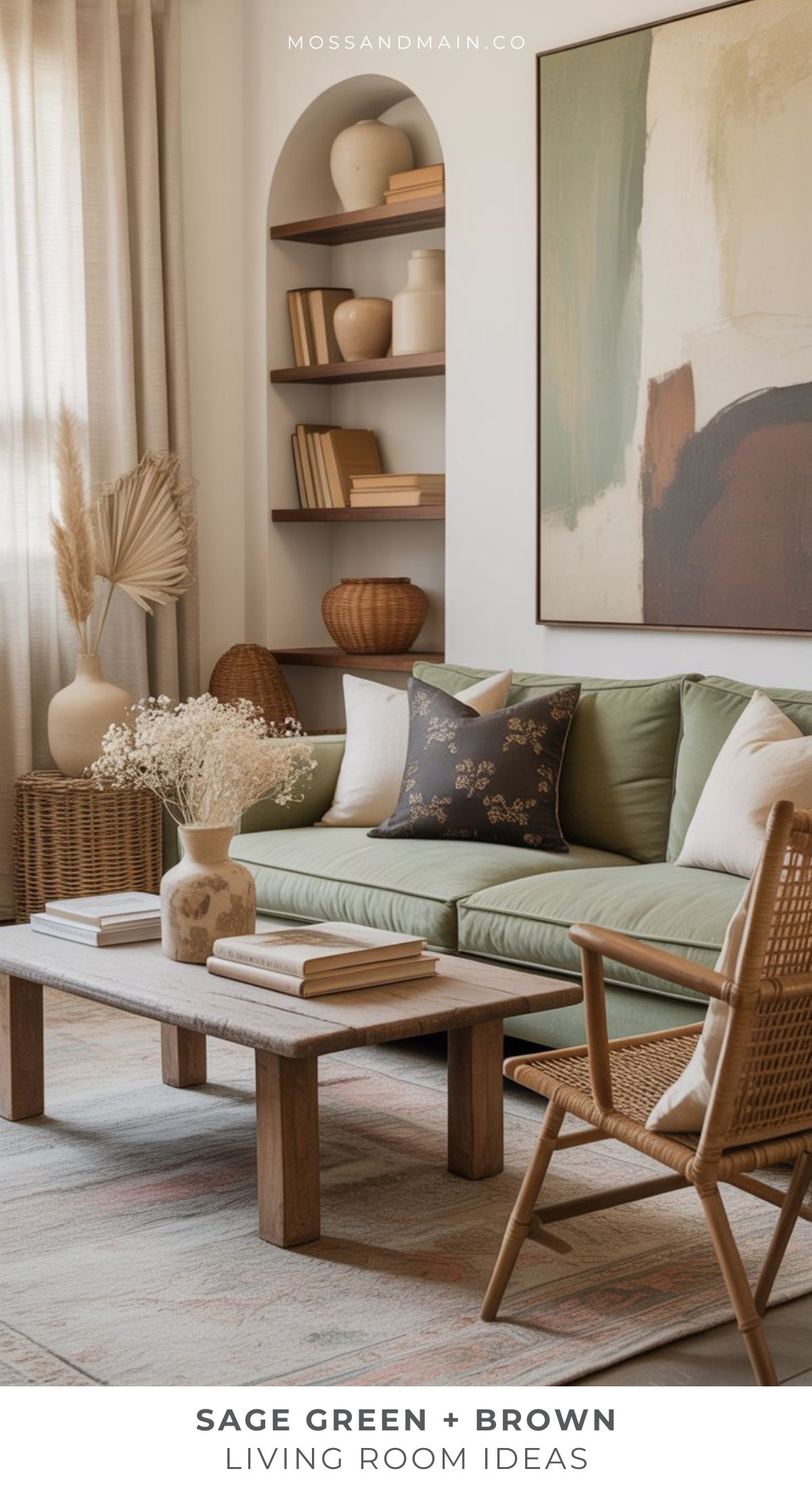 A cozy living room featuring a sage green sofa, brown and neutral decor, wooden coffee table, rattan chair, shelves with books and vases, and abstract art. Text reads: Brown and Green Living Room Ideas.