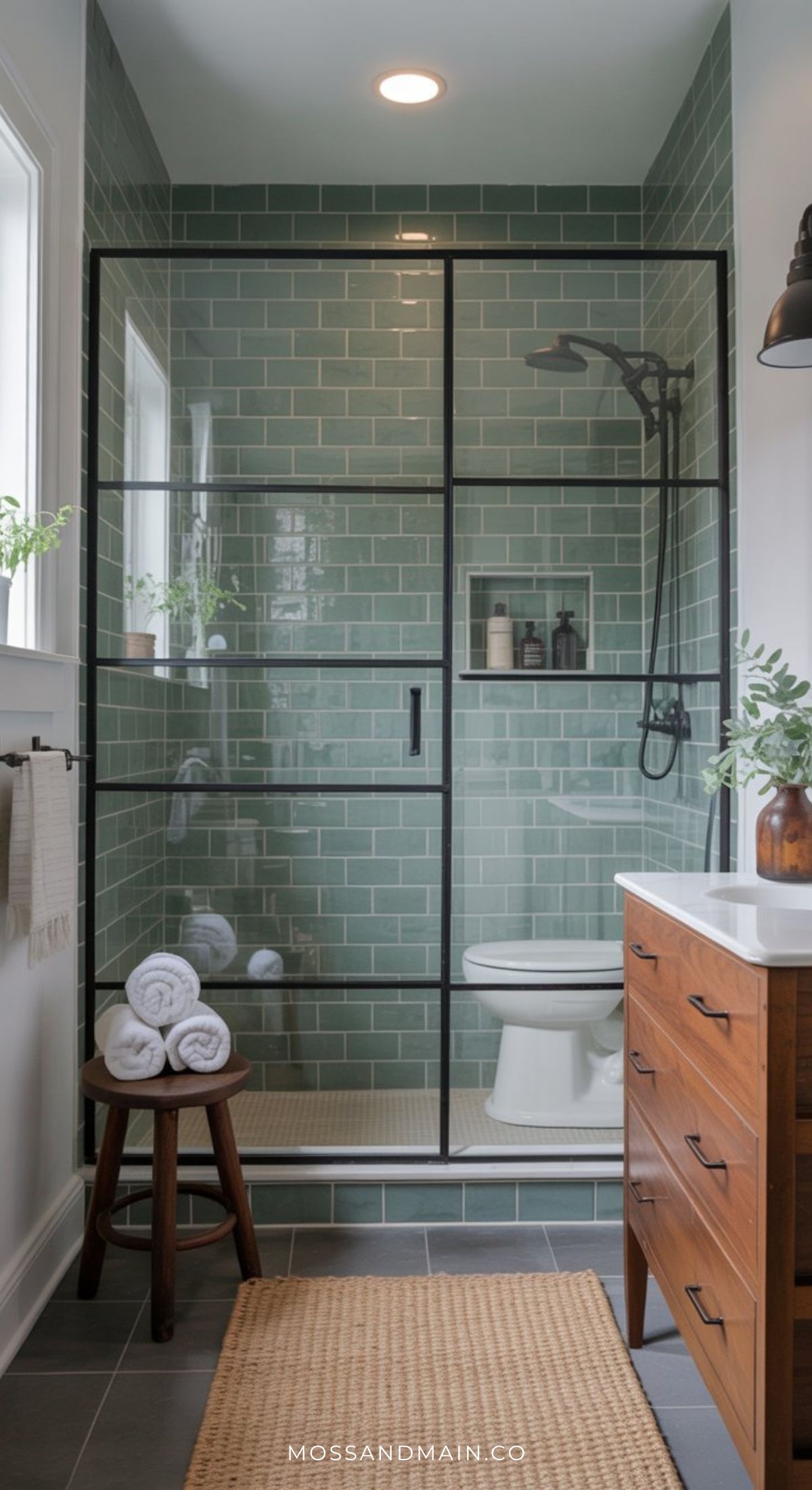Cozy and timeless, this sage green bathroom features subway tile in the shower, black-framed glass doors, a wooden vanity, potted plants, rolled white towels on a stool, and abundant natural light from a window.