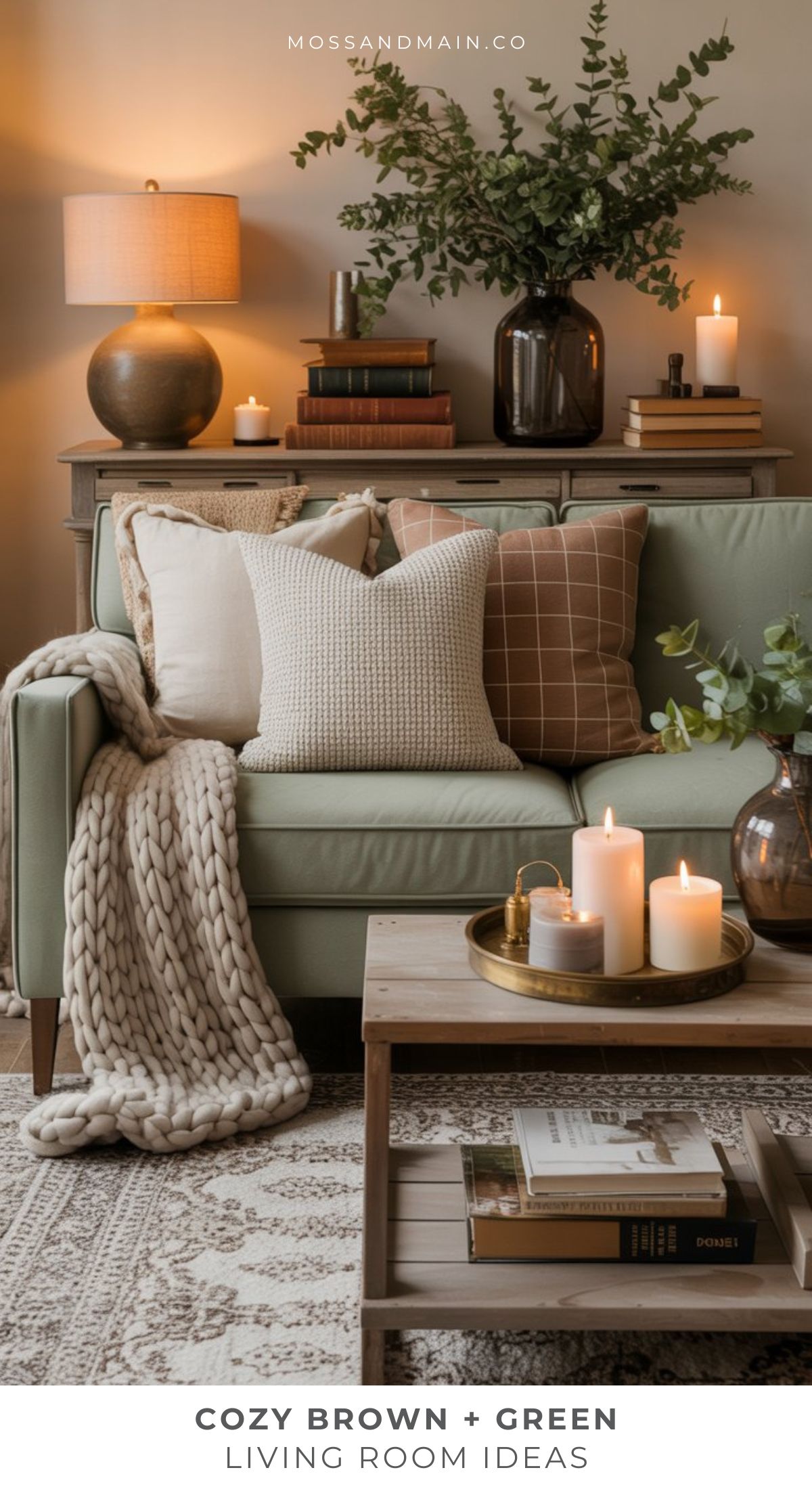 A cozy living room with a sage green sofa, brown and beige pillows, chunky knit throw, candles, books, and vases of greenery—warm lighting and neutral tones bring earthy living room ideas to life. Text: Cozy Brown + Green Living Room Ideas.