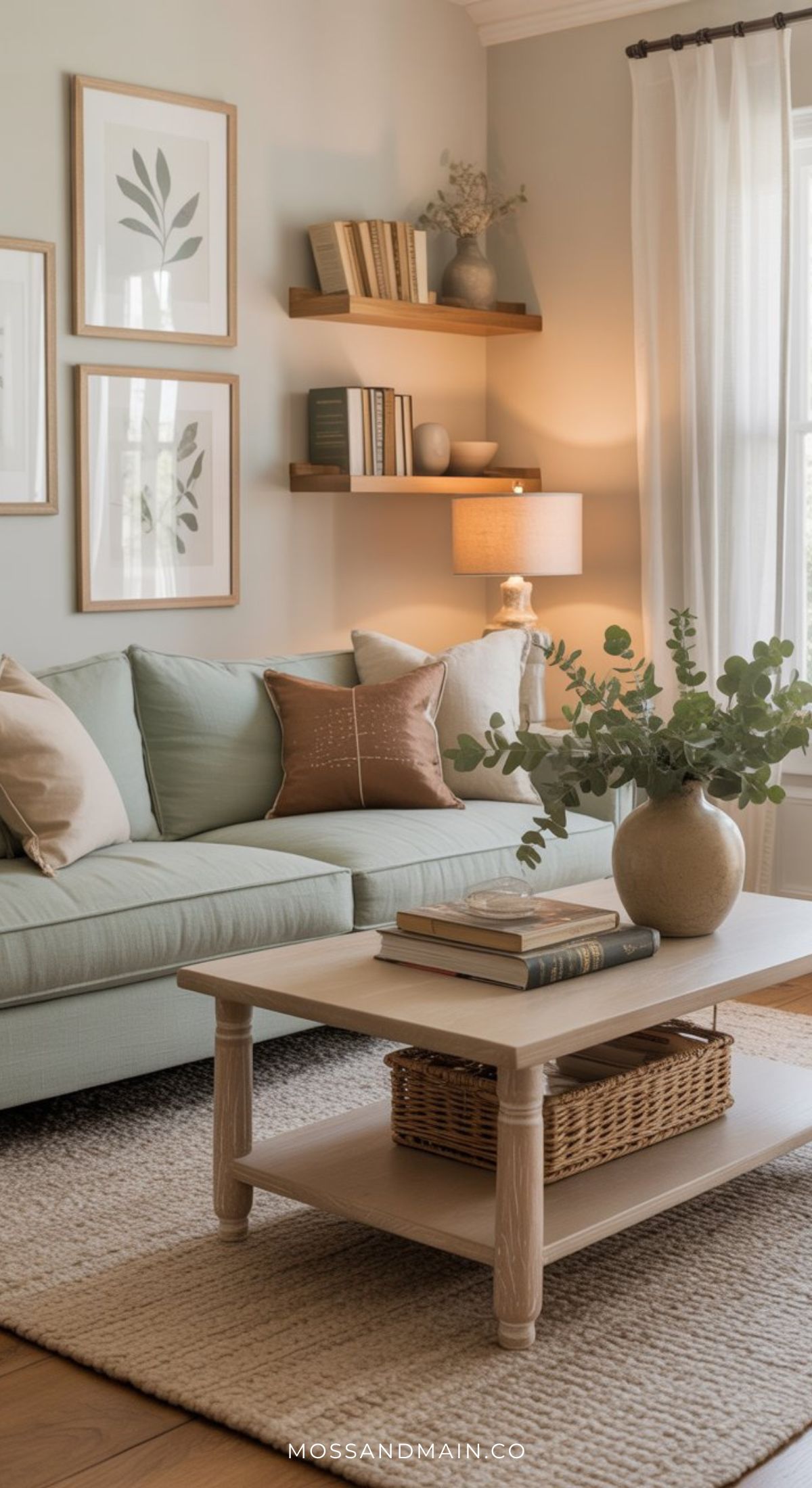 A cozy, earthy living room with a light green sofa, neutral pillows, a wooden coffee table with wicker basket, leafy plant in a vase, wall art, book-filled shelves, table lamp, and sunlight streaming through sheer curtains.