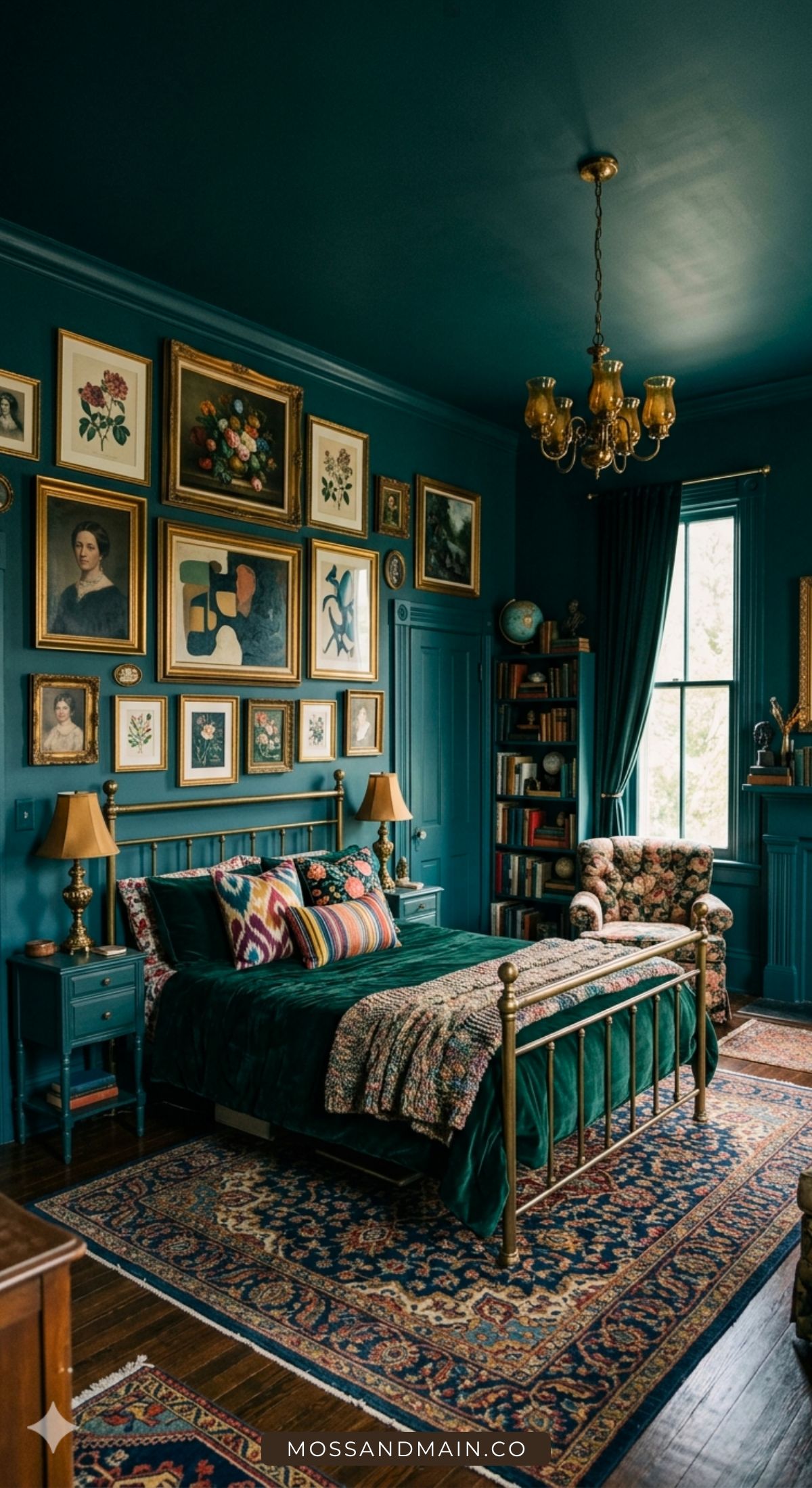 A color drenched bedroom with dark teal walls, a brass bed, patterned rugs, eclectic bedding, a gallery wall of framed art, a chandelier, and a large window filling this maximalist bedroom with natural light.