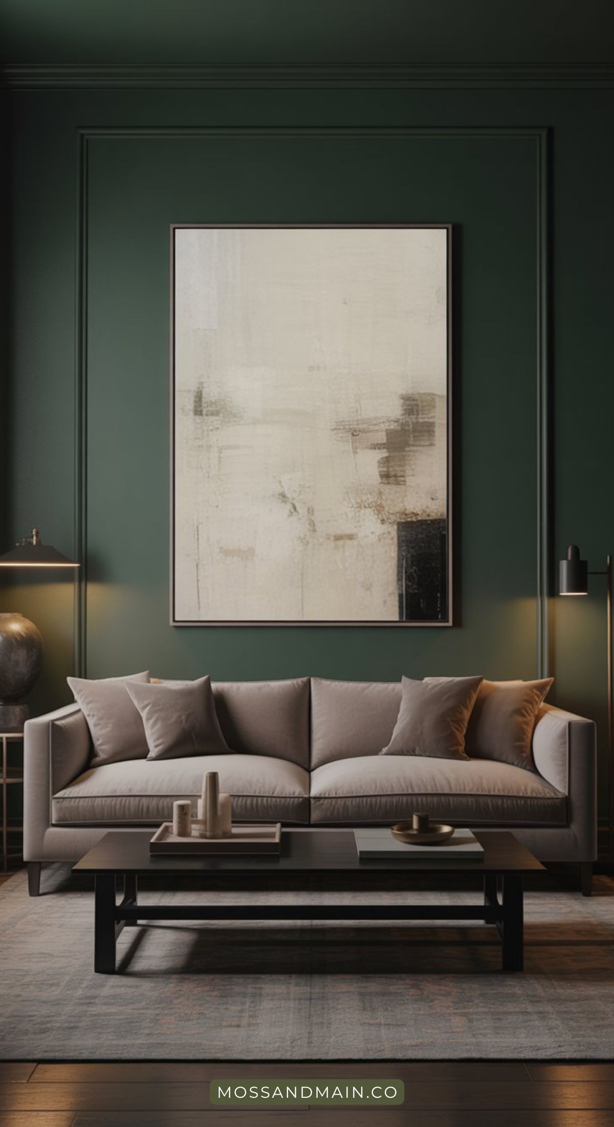 A modern living room inspired by designer catalog style features moody dark forest green walls, a large abstract painting, a light gray sofa, a black coffee table with decor, and stylish lighting. The atmosphere is elegant and cozy.