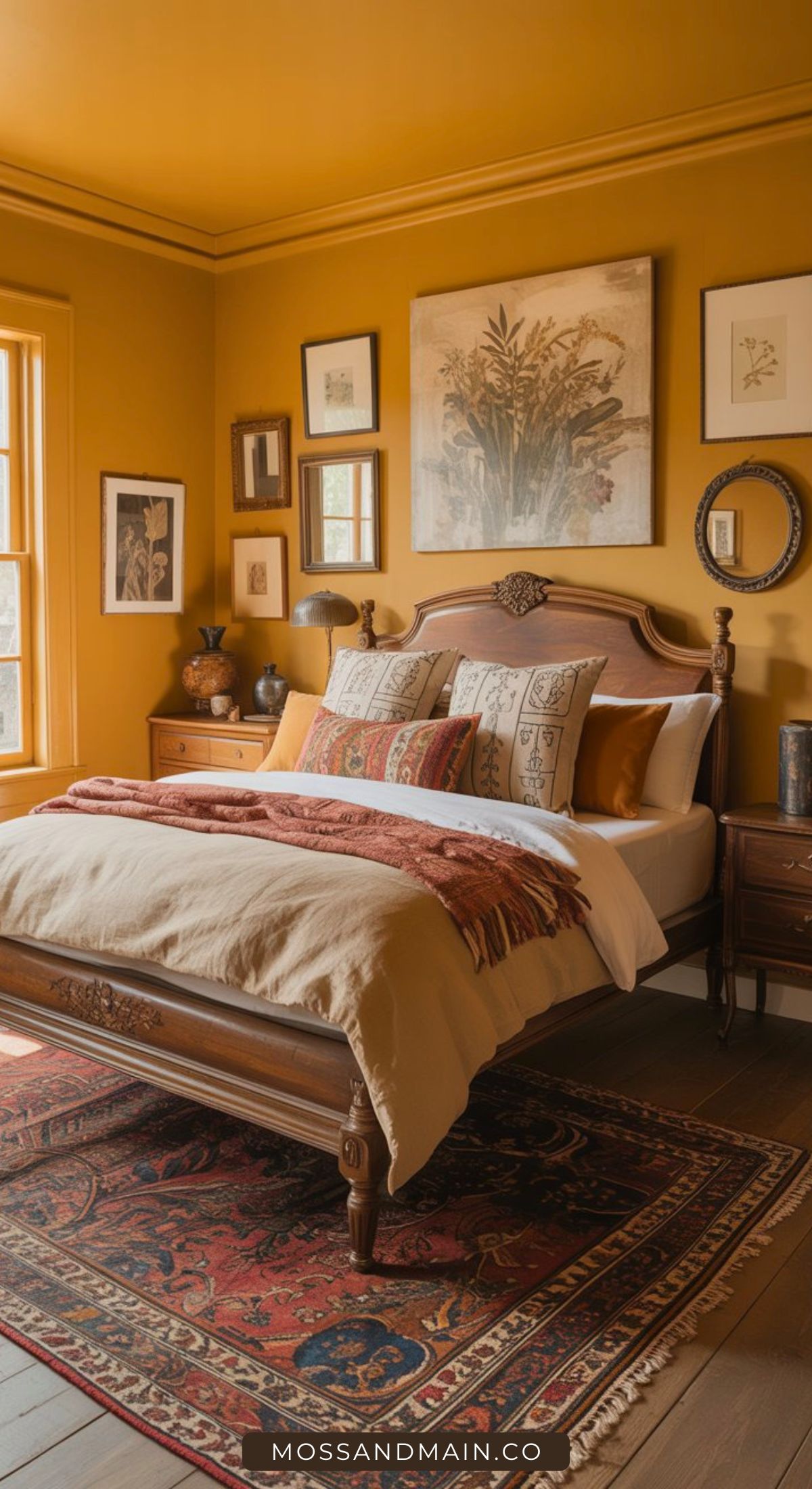A cozy, color-drenched bedroom with mustard yellow walls, a wooden bed with paisley pillows and a rust throw, vintage art, wooden nightstands, vases, and a patterned rug—sunlight streams in, inspiring warm Maximalist bedrooms and fresh bedroom ideas.