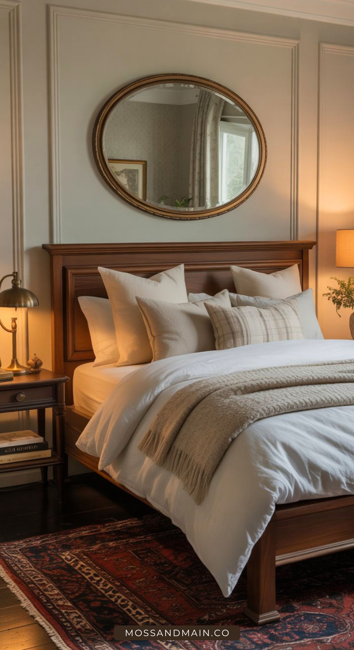 A cozy bedroom inspired by Nancy Meyers bedroom ideas, featuring a wooden bed frame, white bedding, beige pillows and throw, a nightstand with a lamp, a round mirror above the bed, and a patterned rug on the dark wood floor.