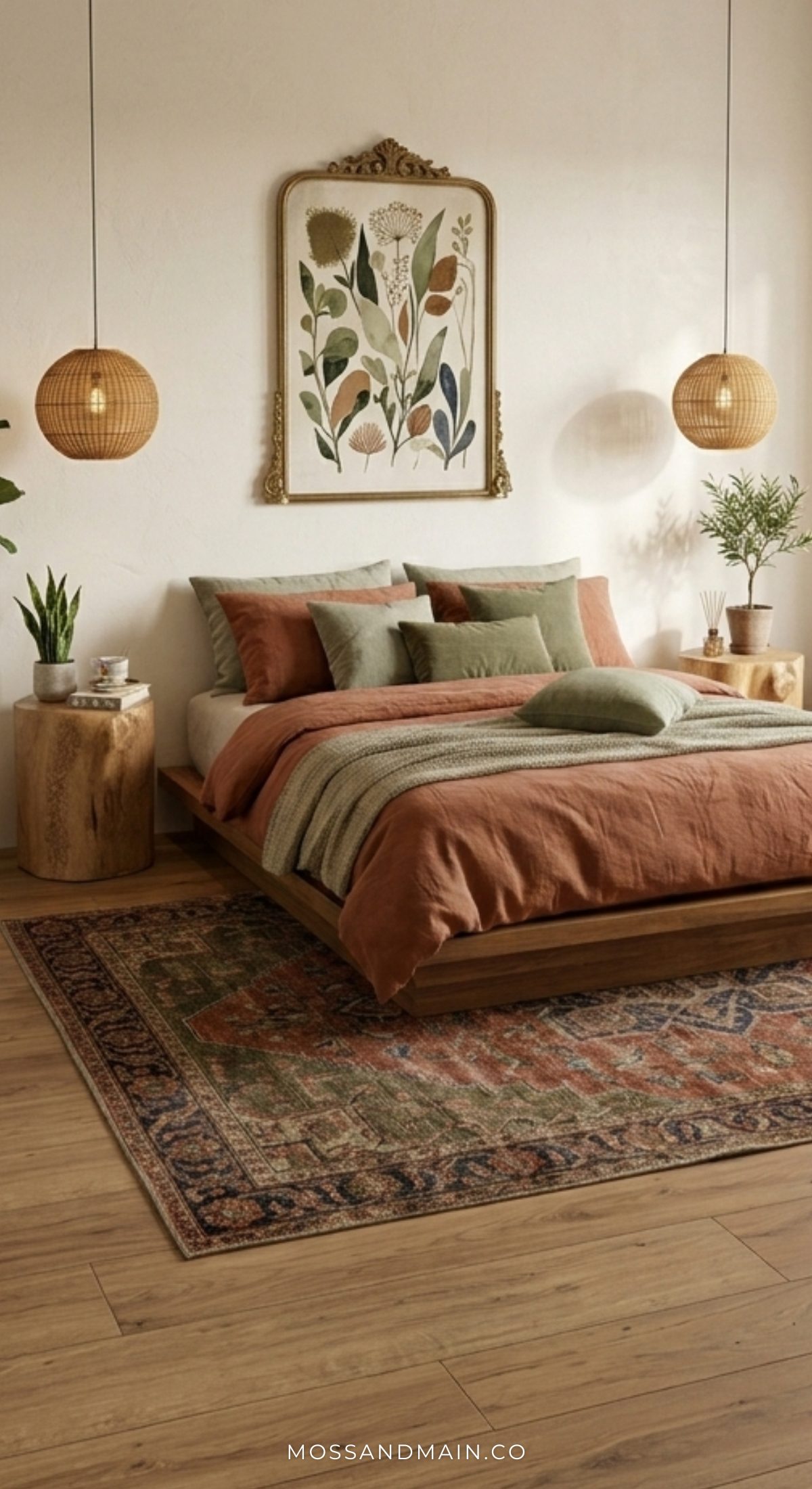 A cozy bedroom with a low wooden bed, earth-toned bedding, two round pendant lights, earthy bedside tables, potted plants, botanical artwork above the bed, and a patterned rug on a light wood floor.
