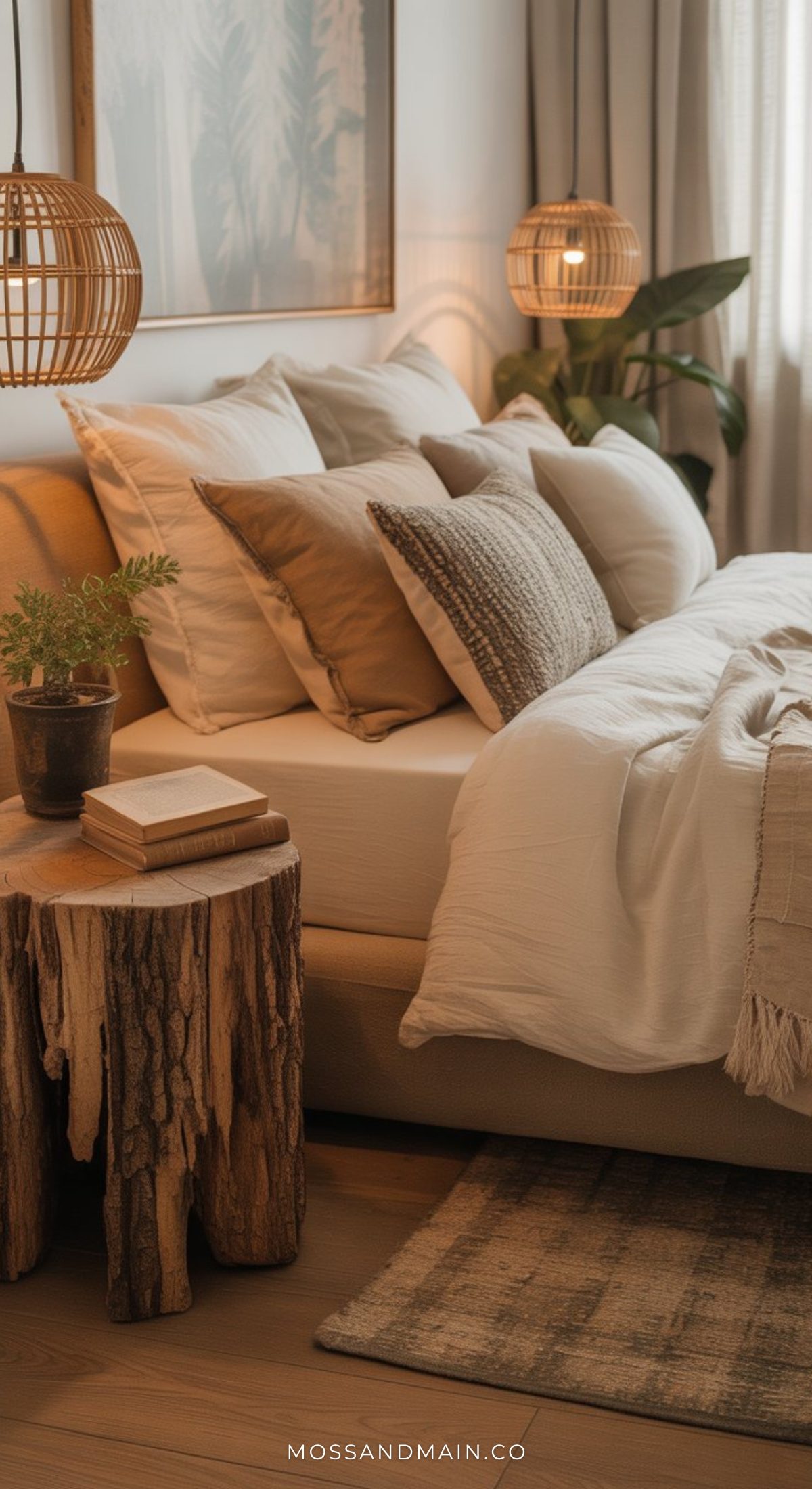 A cozy bedroom with neutral bedding, beige and white pillows, a rustic boho bedside table made from a tree stump with books and a plant, wicker pendant lights, a textured rug, and soft natural light streaming through the window.
