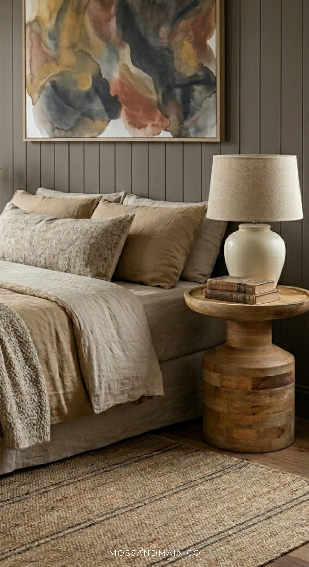 A cozy bedroom with a beige bed, textured pillows, collected Boho bedside tables, a ceramic lamp, neutral bedding, an earthy woven rug, and an abstract painting on taupe wood-paneled walls.