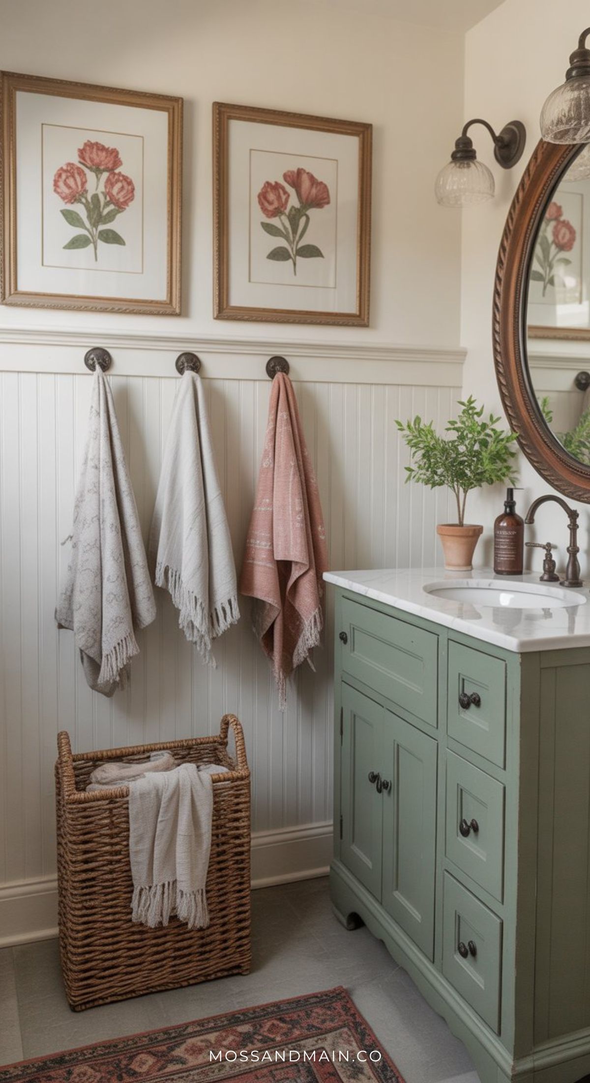 A cozy sage green bathroom with a green vanity, round mirror, potted plant, framed floral art, three towels on hooks, and a woven laundry basket offers fresh bathroom ideas for any home.