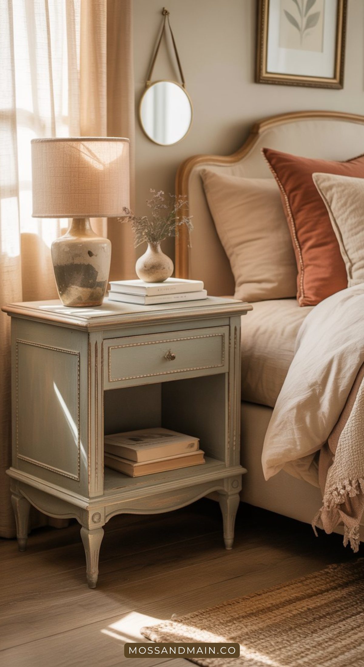 A cozy bedroom features a Boho bedside table with a lamp, vase, and books beside a bed with beige and rust-colored pillows. Soft sunlight filters through a window, creating a warm, inviting atmosphere.