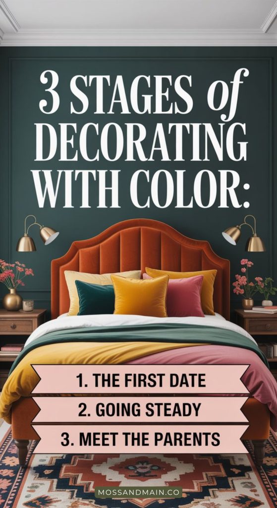 A stylish bedroom with a velvet orange headboard, colorful pillows, and a dark green wall displays text: 3 Stages of Decorating with Color—a guide for the commitment-phobe on embracing bold color schemes.