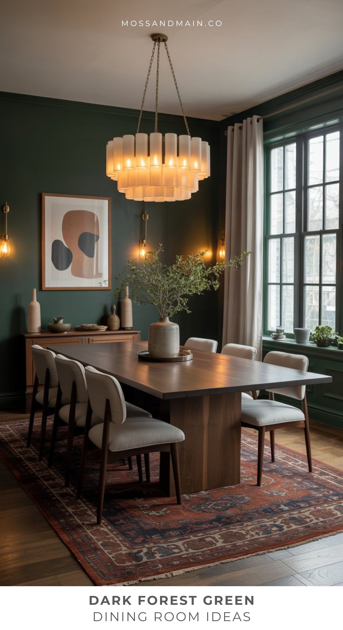 A dining room inspired by Moody Dark Forest Green Rooms features forest green walls, a wooden table, modern beige chairs, a red patterned rug, and a large chandelier—just like a Designer Catalog scene completed with chic decor and statement lighting.