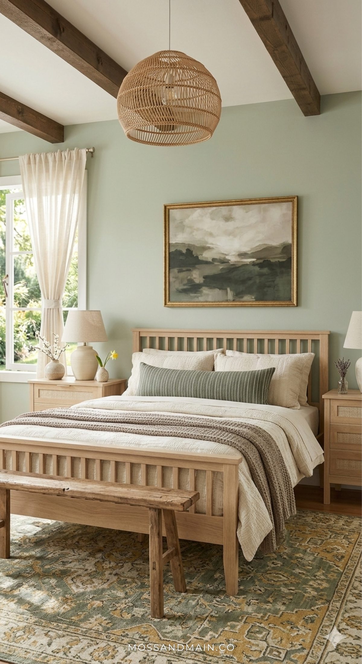 A cozy bedroom with a wooden bed frame, boho bedside table, neutral bedding, woven light fixture, landscape artwork above the bed, large window with sheer curtains, and a patterned rug on the floor.