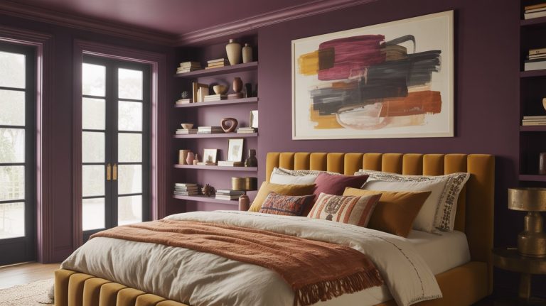 A stylish, color-drenched bedroom with purple walls, built-in shelves, and a large abstract painting above a mustard yellow bed adorned with colorful pillows and a rust throw blanket. French doors flood this maximalist bedroom with natural light.
