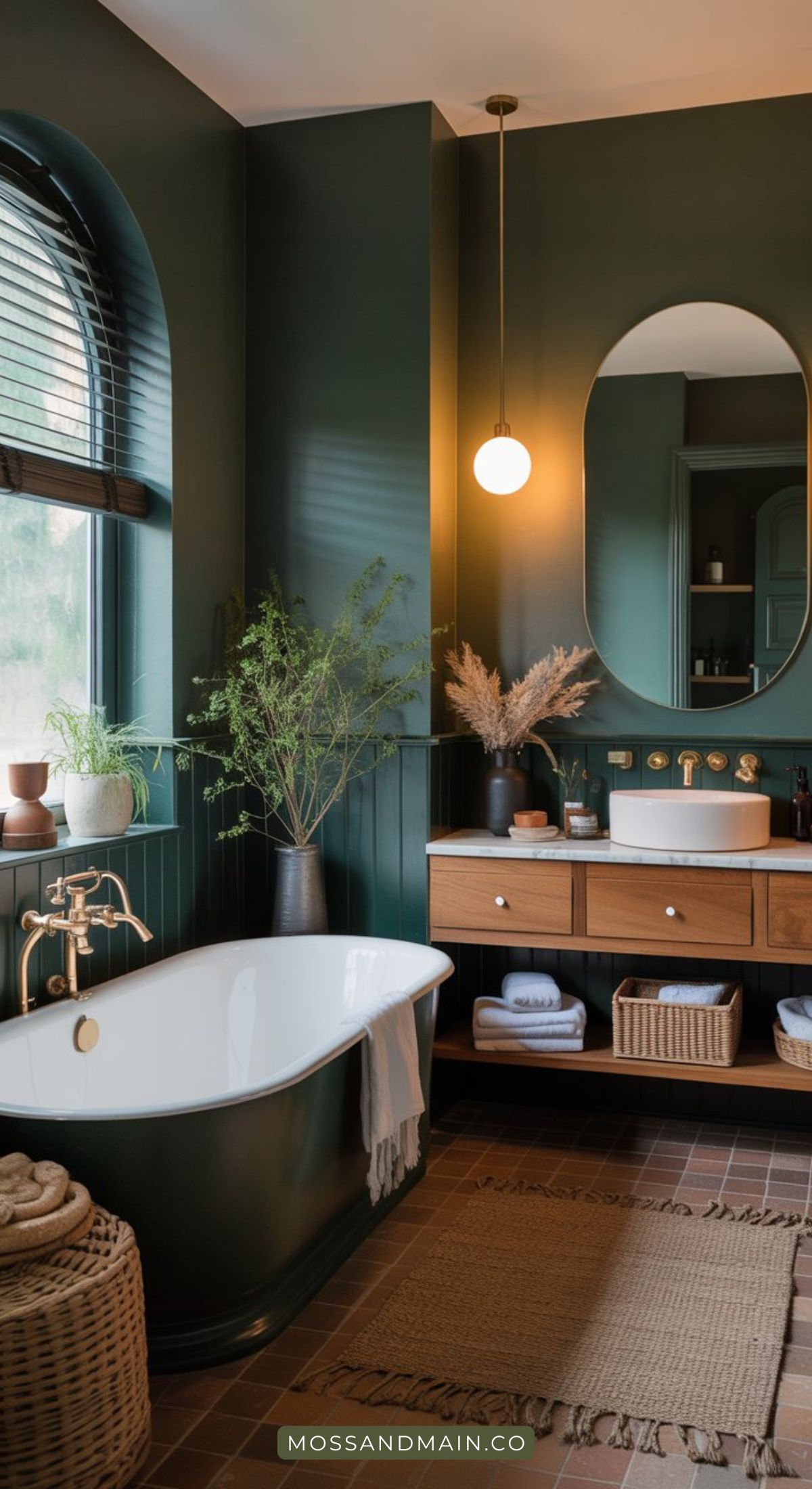 A stylish bathroom with moody dark forest green walls, a white freestanding tub, gold fixtures, a wooden vanity with double sinks, woven baskets, plants, and a round pendant light by an oval mirror—perfect for a Designer Catalog.