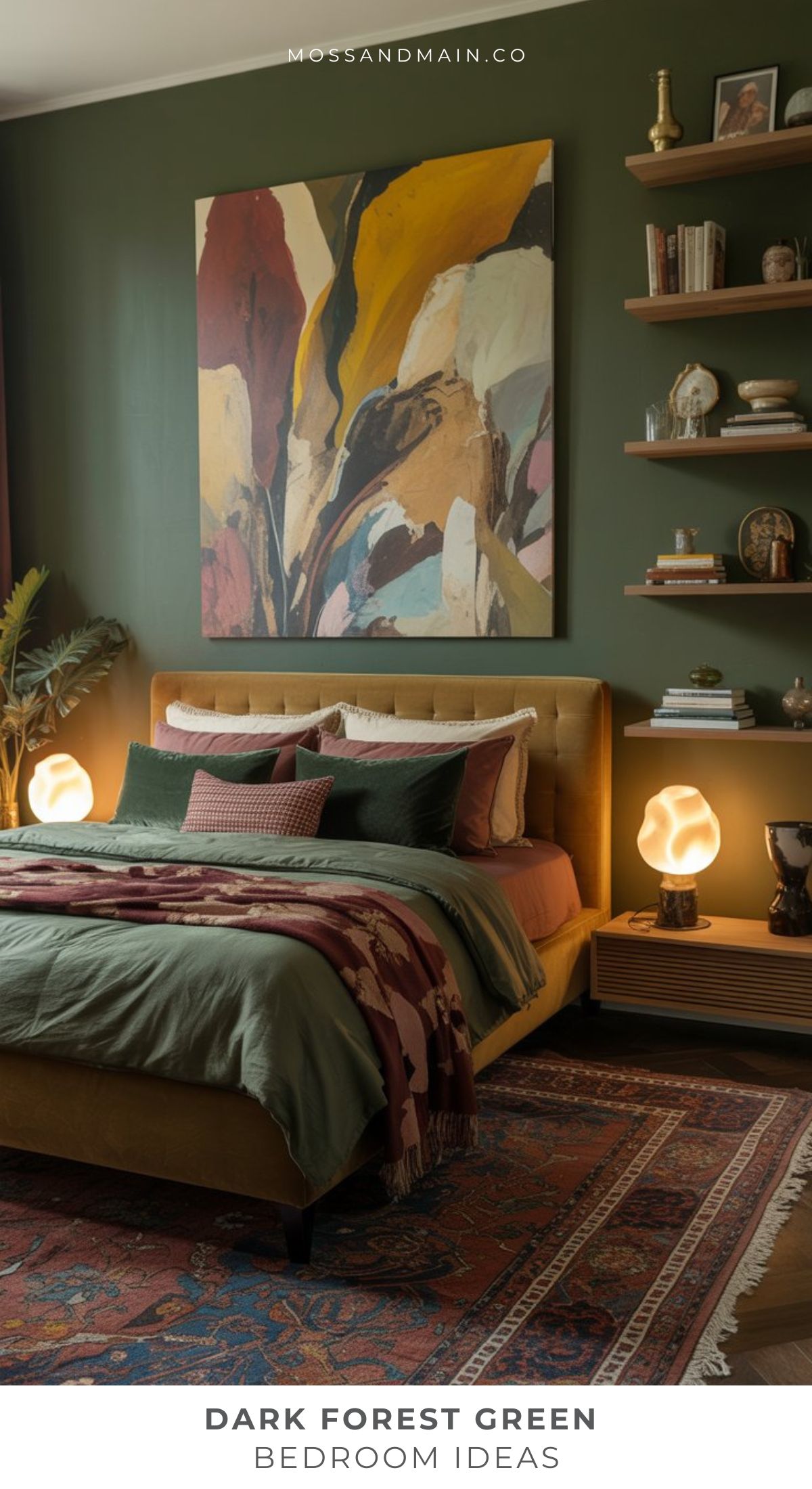 A stylish bedroom with dark forest green walls, abstract art above a tan bed with green bedding and pink accents, two modern lamps, floating shelves, a plant, and a patterned rug. Text reads DARK FOREST GREEN BEDROOM IDEAS—perfect for designer catalog inspiration.