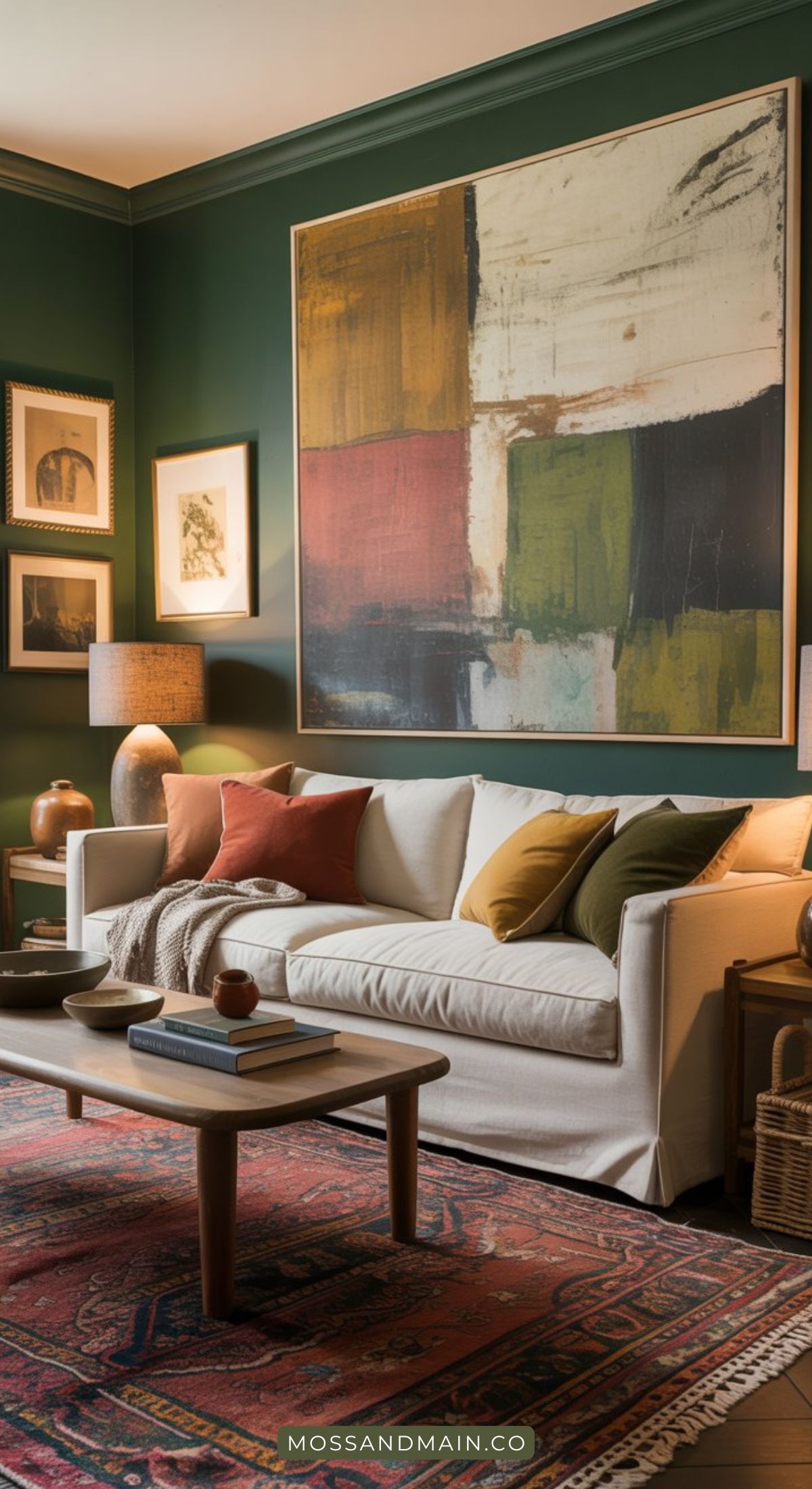 A cozy living room inspired by moody dark forest green rooms, featuring dark green walls, a white sofa with colorful pillows, a large abstract painting, warm lighting, and a patterned red rug—straight from a designer catalog.