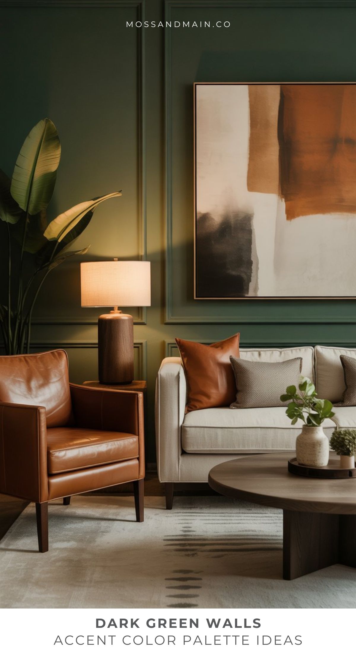 A modern living room with a dark green color scheme, a large abstract painting, tan leather armchair, beige sofa with brown pillows, round coffee table, table lamp, and tall plant. Text reads: Colors That Go With Dark Green Accent Color Palette Ideas.