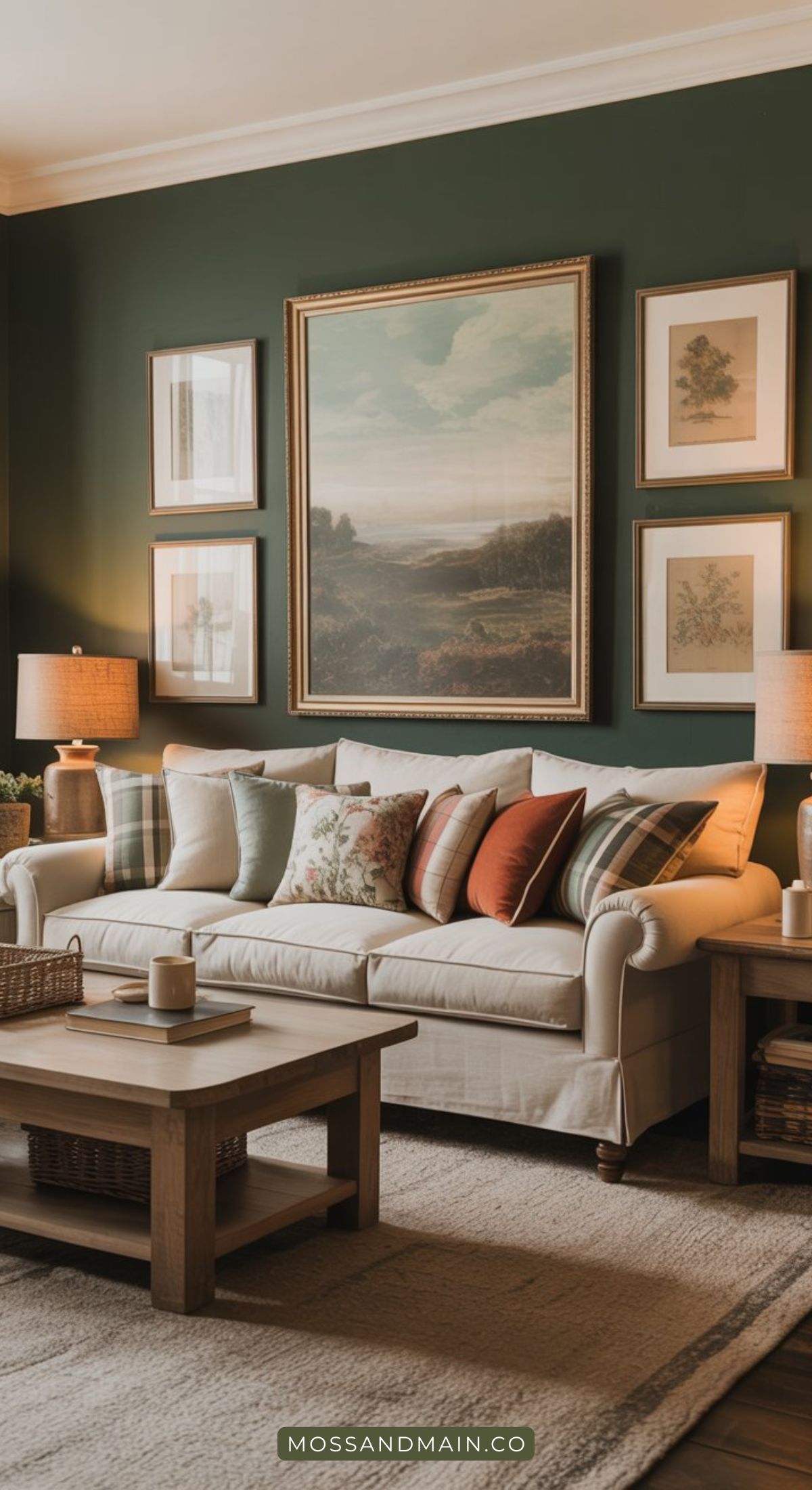 A cozy living room with a beige sofa decorated with patterned pillows, a wooden coffee table, and framed artwork on a dark green wall—perfect inspiration for moody rooms featured in any designer catalog. Soft lighting from table lamps adds warmth.