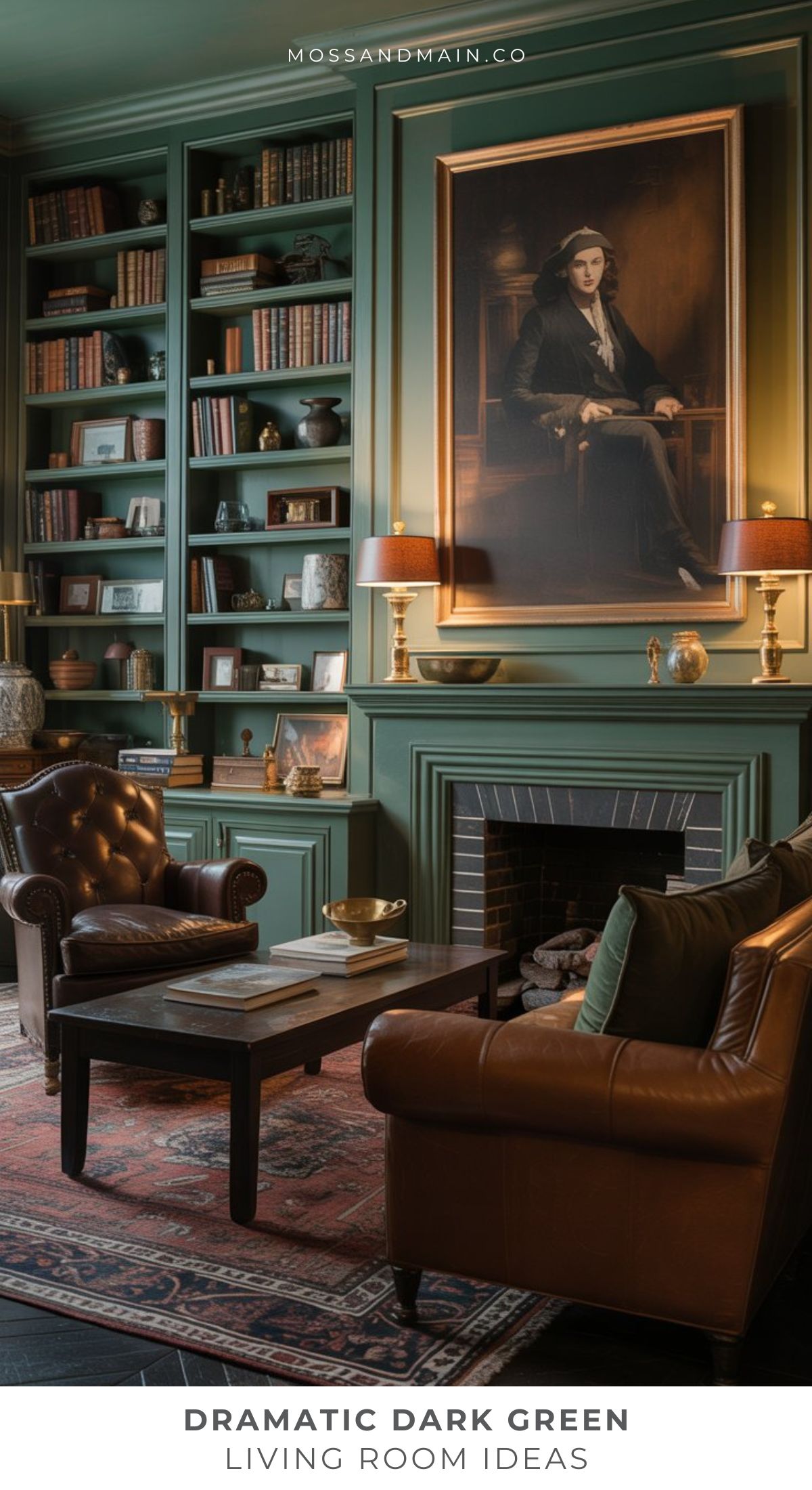 A stylish living room with moody dark forest green walls, built-in bookshelves, brown leather chairs, and antique decor resembles a designer catalog—dramatic yet cozy with a classic portrait above the fireplace.