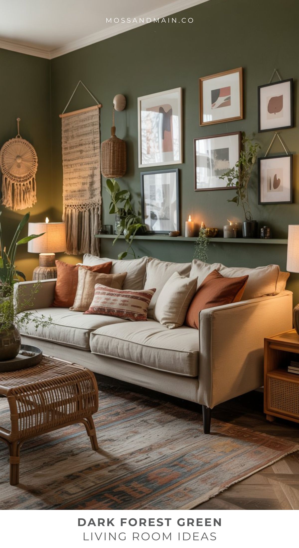 A cozy living room with dark forest green walls, a cream sofa with rust and neutral pillows, wall art, shelves with plants, woven decor, and a wicker coffee table. Inspired by Designer Catalogs for Dark Forest Green Rooms. Text: “DARK FOREST GREEN LIVING ROOM IDEAS.”.