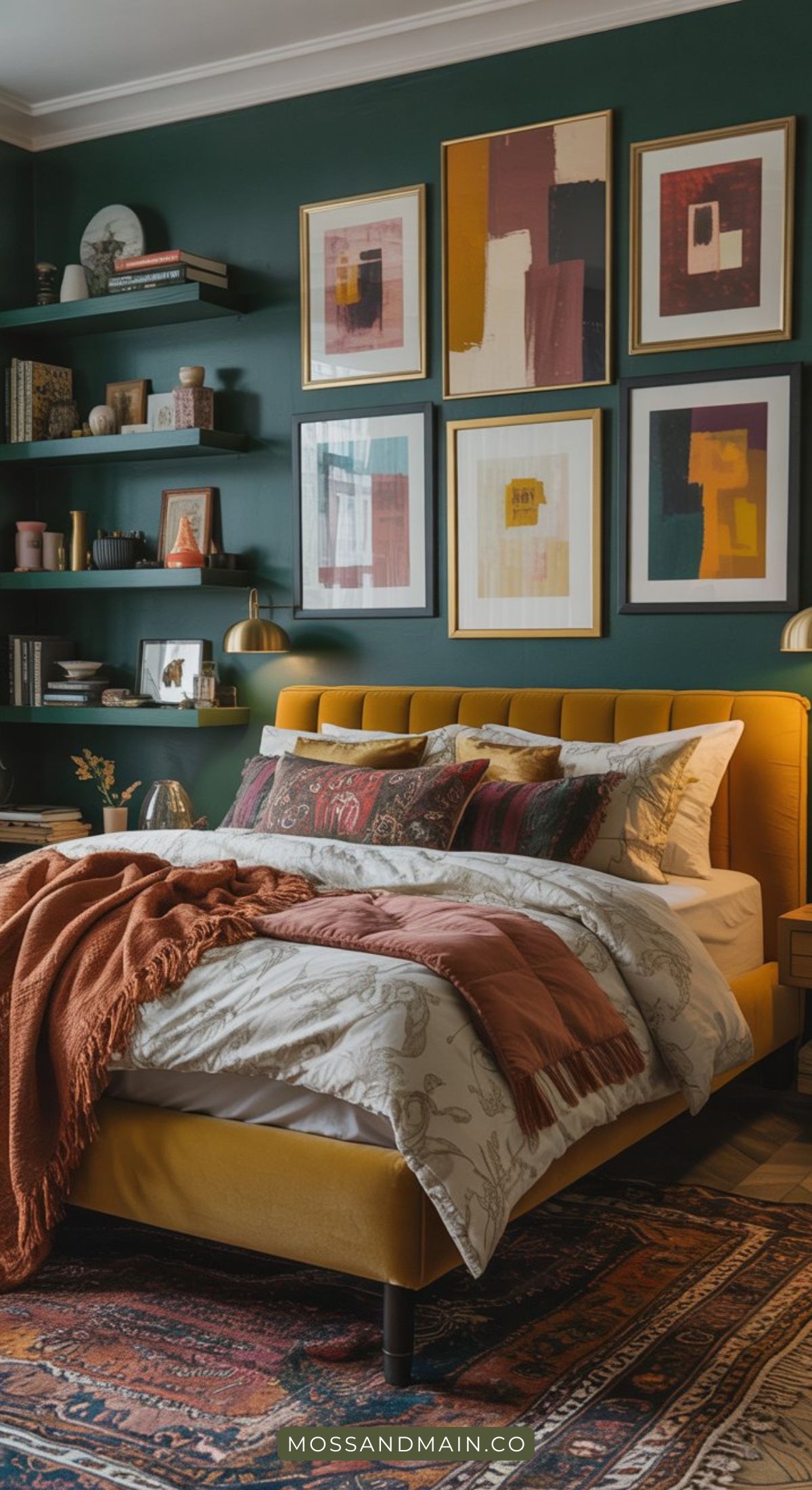 A cozy bedroom with a mustard yellow bed, layered pillows and throws, green rooms-inspired walls, abstract art in gold frames, floating shelves with books, and a colorful rug—a warm, inviting space straight from a designer catalog.