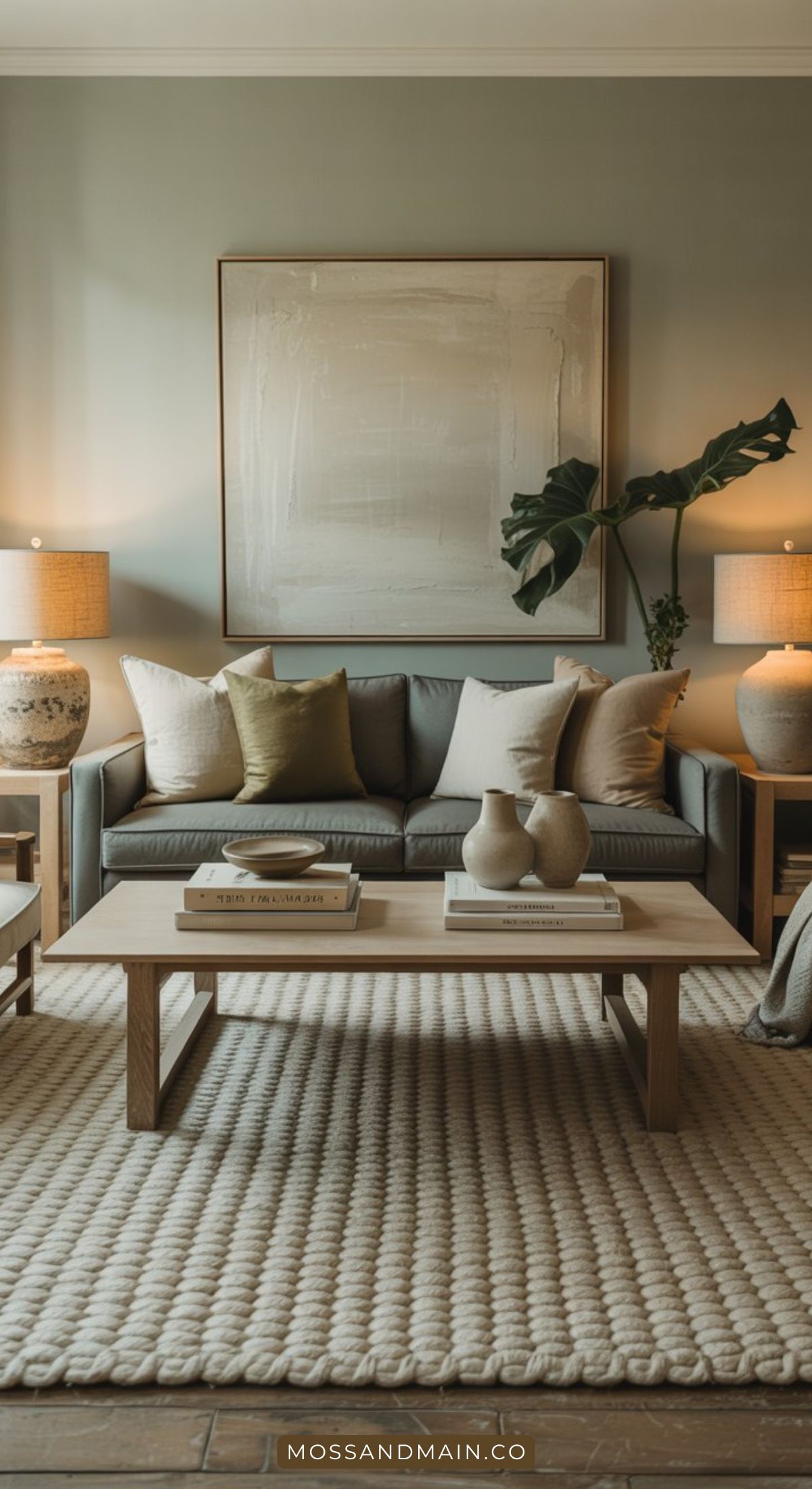 A modern grey sofa living room with beige and white pillows, a wooden coffee table adorned with books and vases, two large table lamps, a textured rug, and a striking abstract painting on the wall.