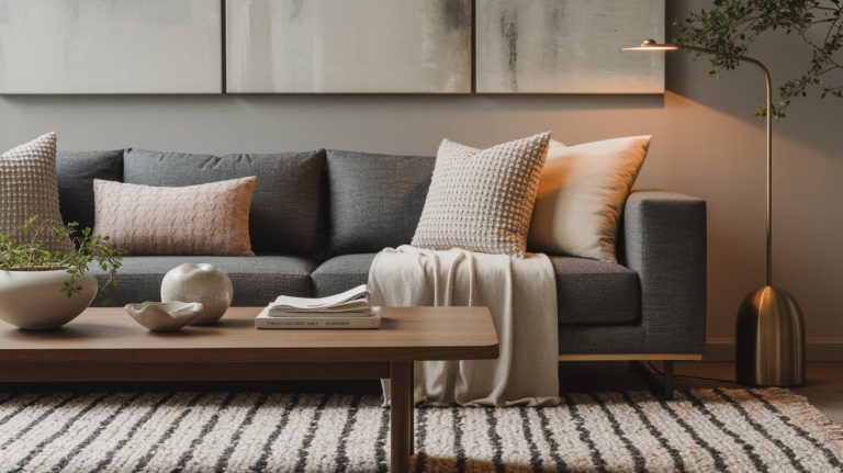 A modern gray couch living room featuring beige and textured pillows, a cozy throw blanket, wooden coffee table with decor, striped rug, abstract wall art, and a brass floor lamp beside a leafy plant.